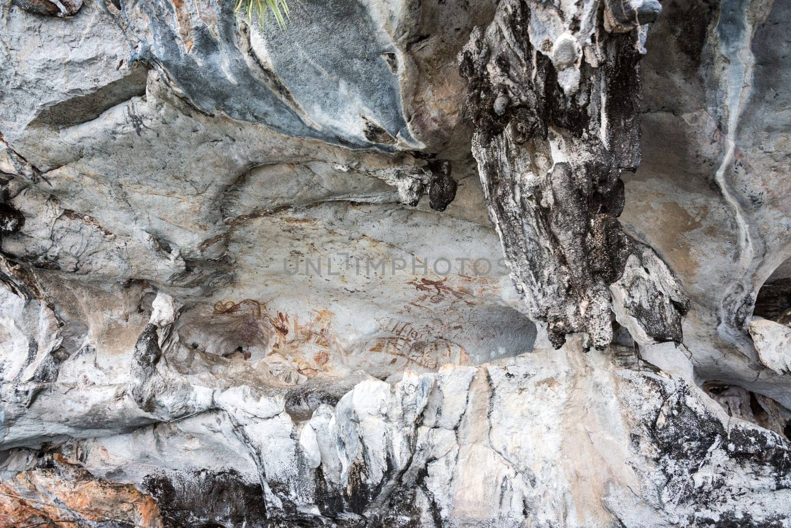 Ancient paintings on cave wall of the island is tourist attractions in Phang Nga Bay or Ao Phang Nga National Park, Thailand
