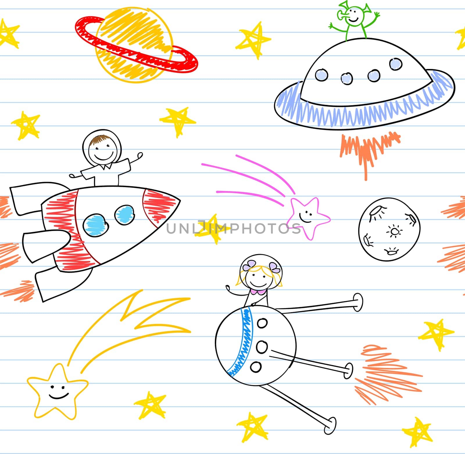 Seamless background with happy children's and aliens. Sketch on notebook page