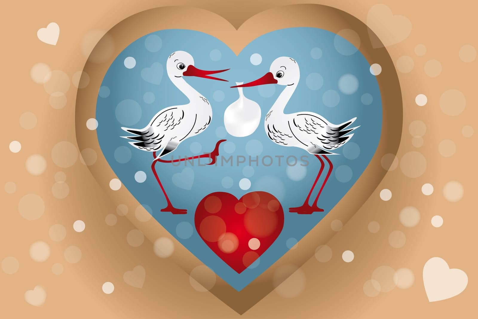 Two cute storks with bag (baby arrival) illustration with hearts, bubbles in retro look - eps 10 vectors