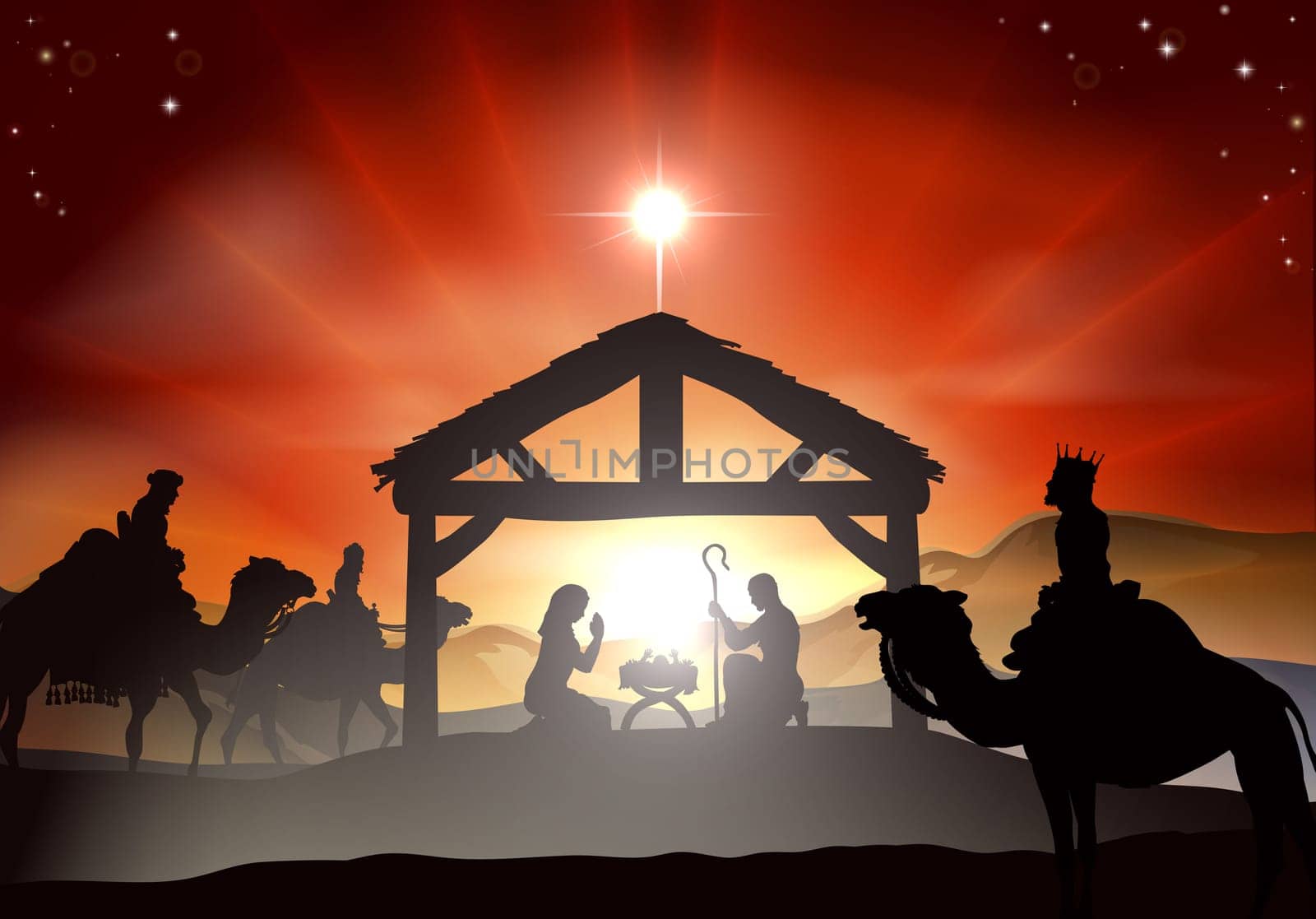 Nativity Christmas scene with baby Jesus in the manger in silhouette, three wise men or kings and star of Bethlehem