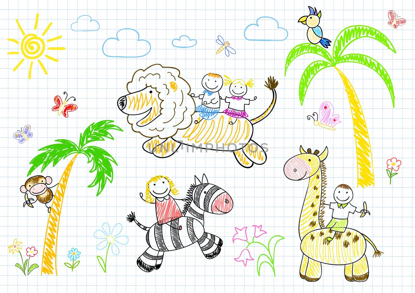 Happy children's and animals. Sketch on notebook page
