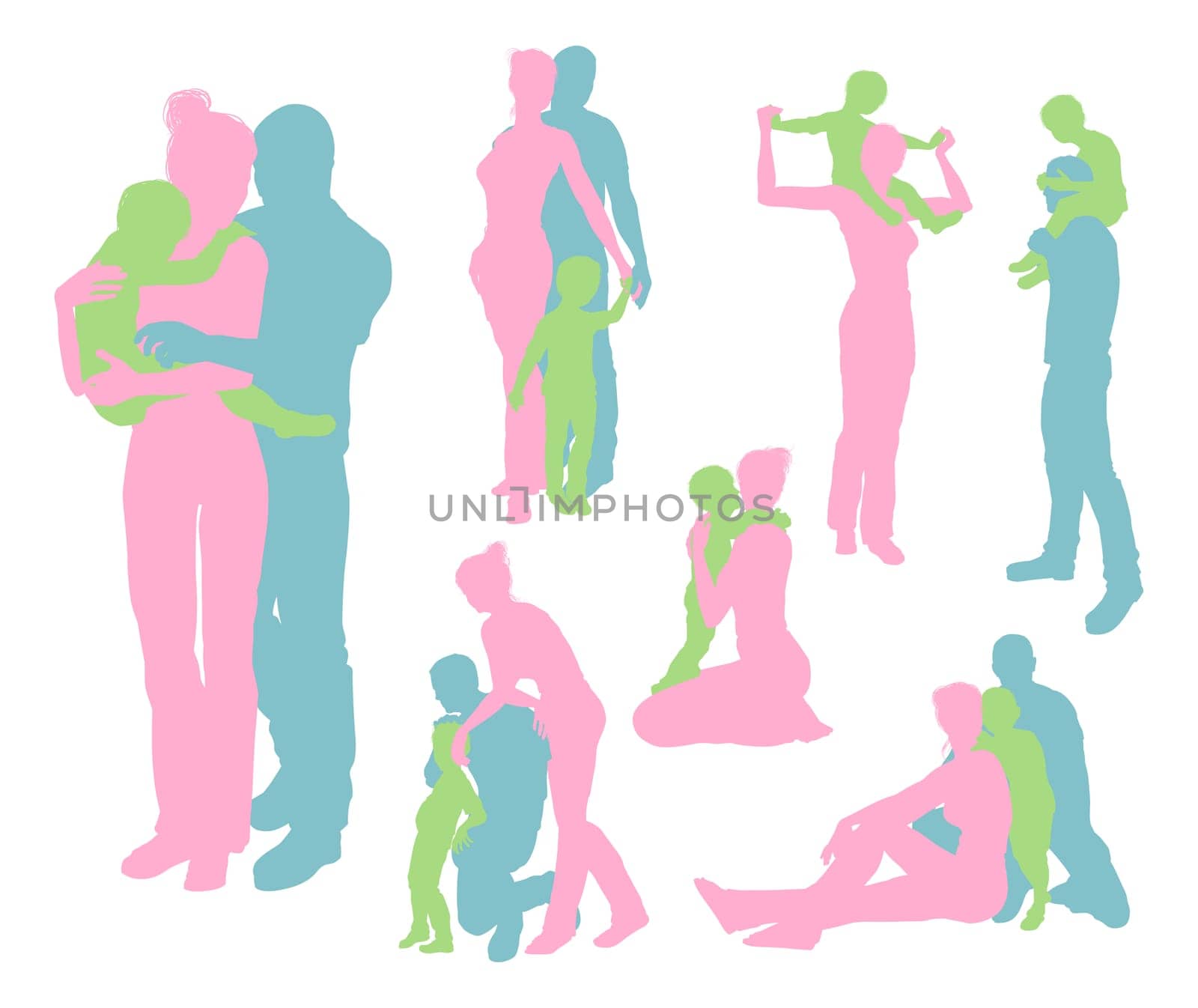 High quality and very detailed silhouettes of a young happy family, mother and father and child, in various poses