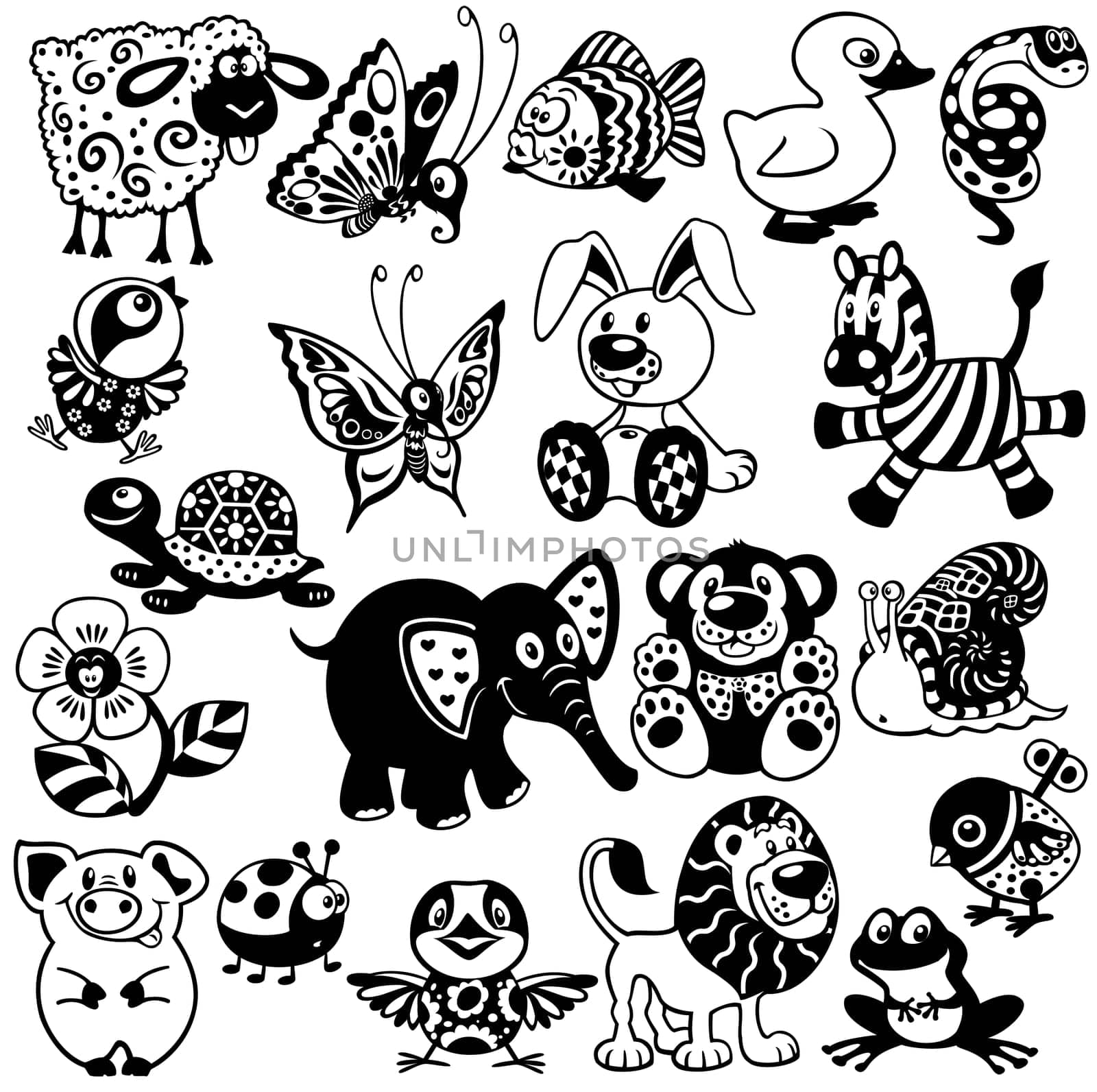set with cartoon animals and toys for babies and little kids, black and white vector images