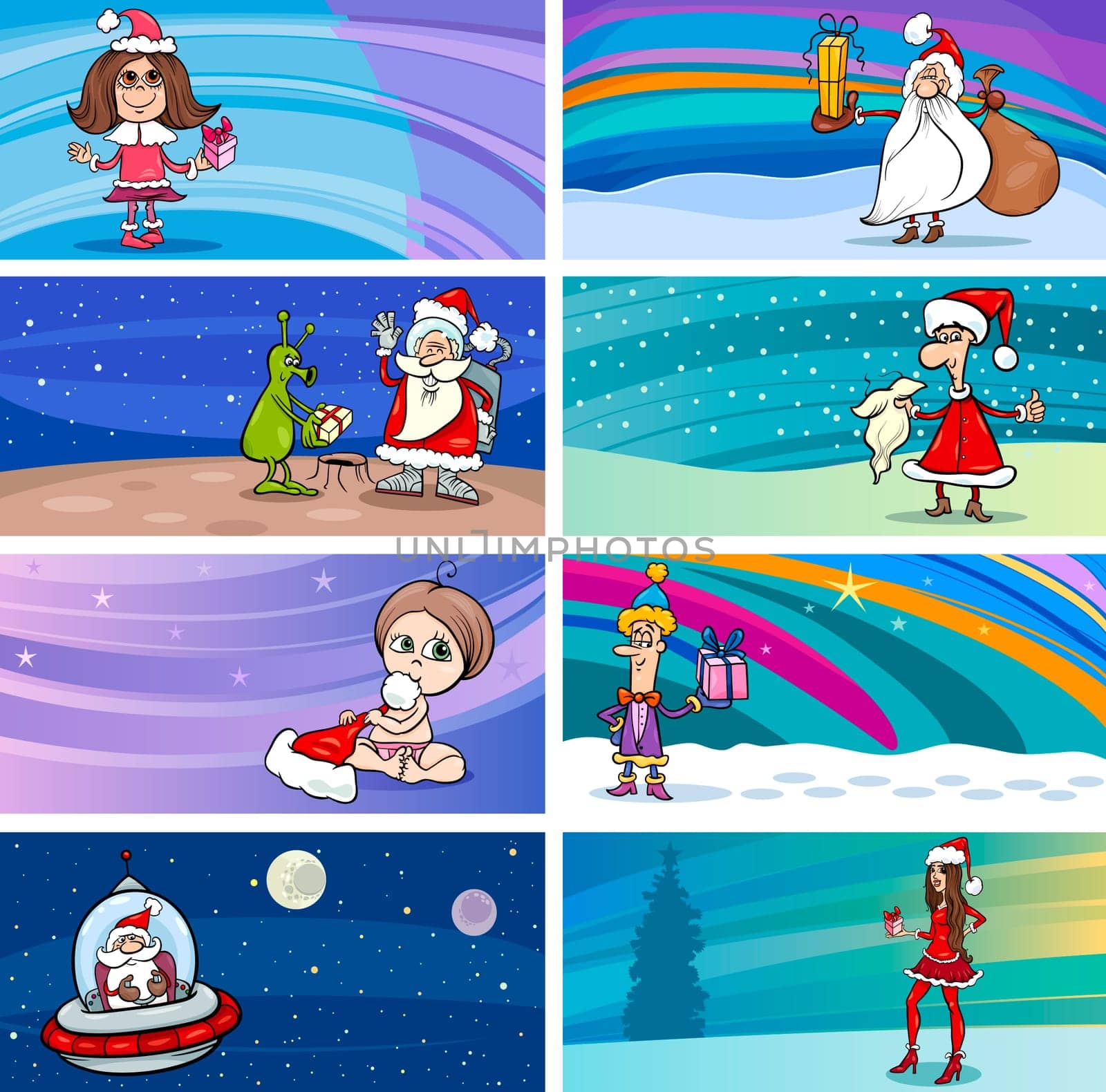 Cartoon Illustration of Greeting Cards with Santa Claus or Papa Noel or Father Christmas and other Holiday Themes Set