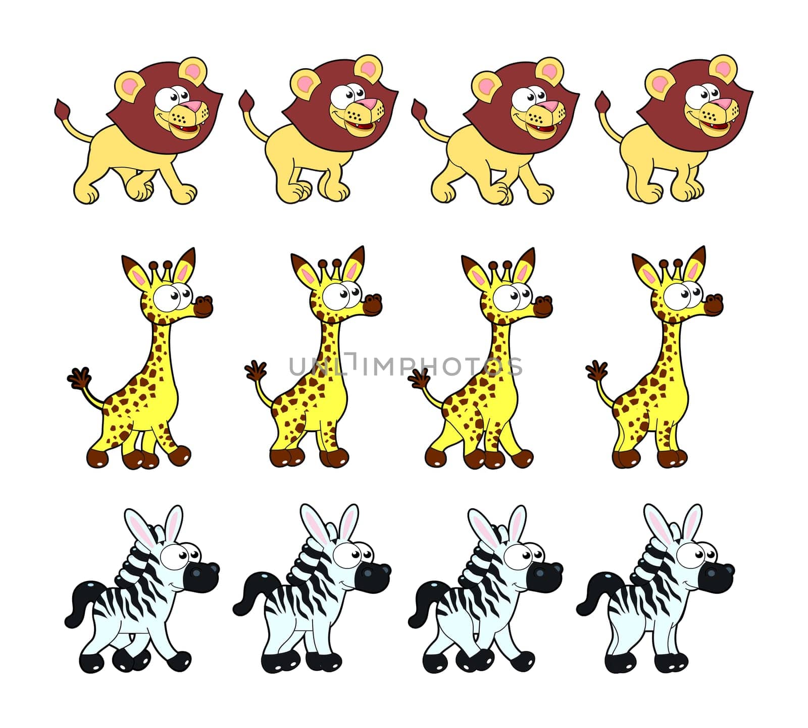 Animal Walking animations. Vector cartoon and isolated characters. You can use four frames in loop, each animal..