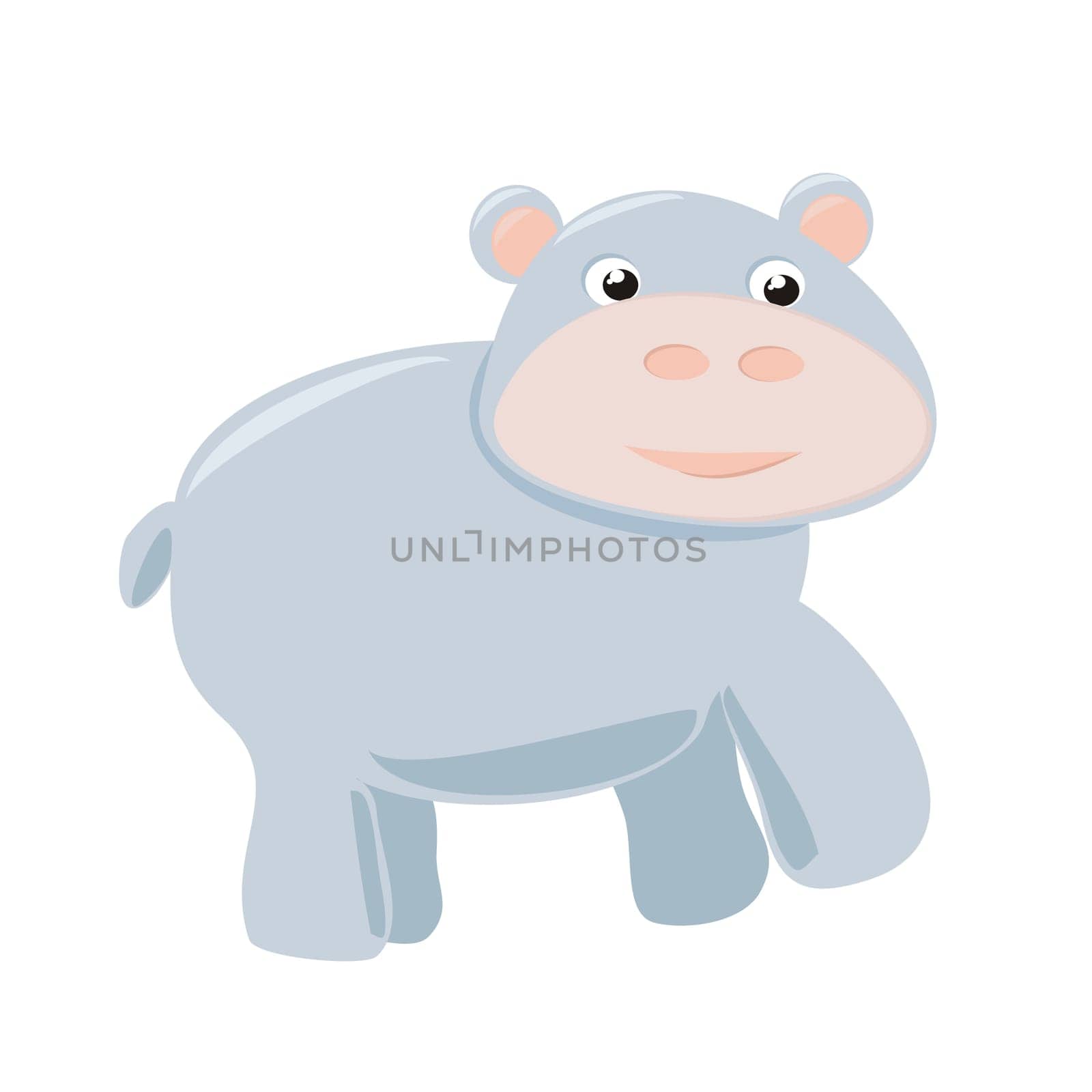 Happy hippo baby vector illustration isolated on white background. Pink and grey hippopotamus hand drawn illustration. Wild african or zoo animal in funny child drawing