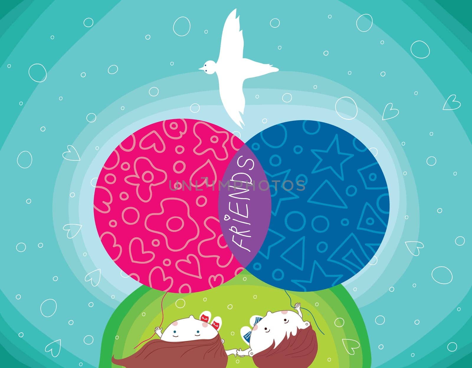 boy and girl look at balloons and hold hands, and in the sky the dove flies. vector illustration.