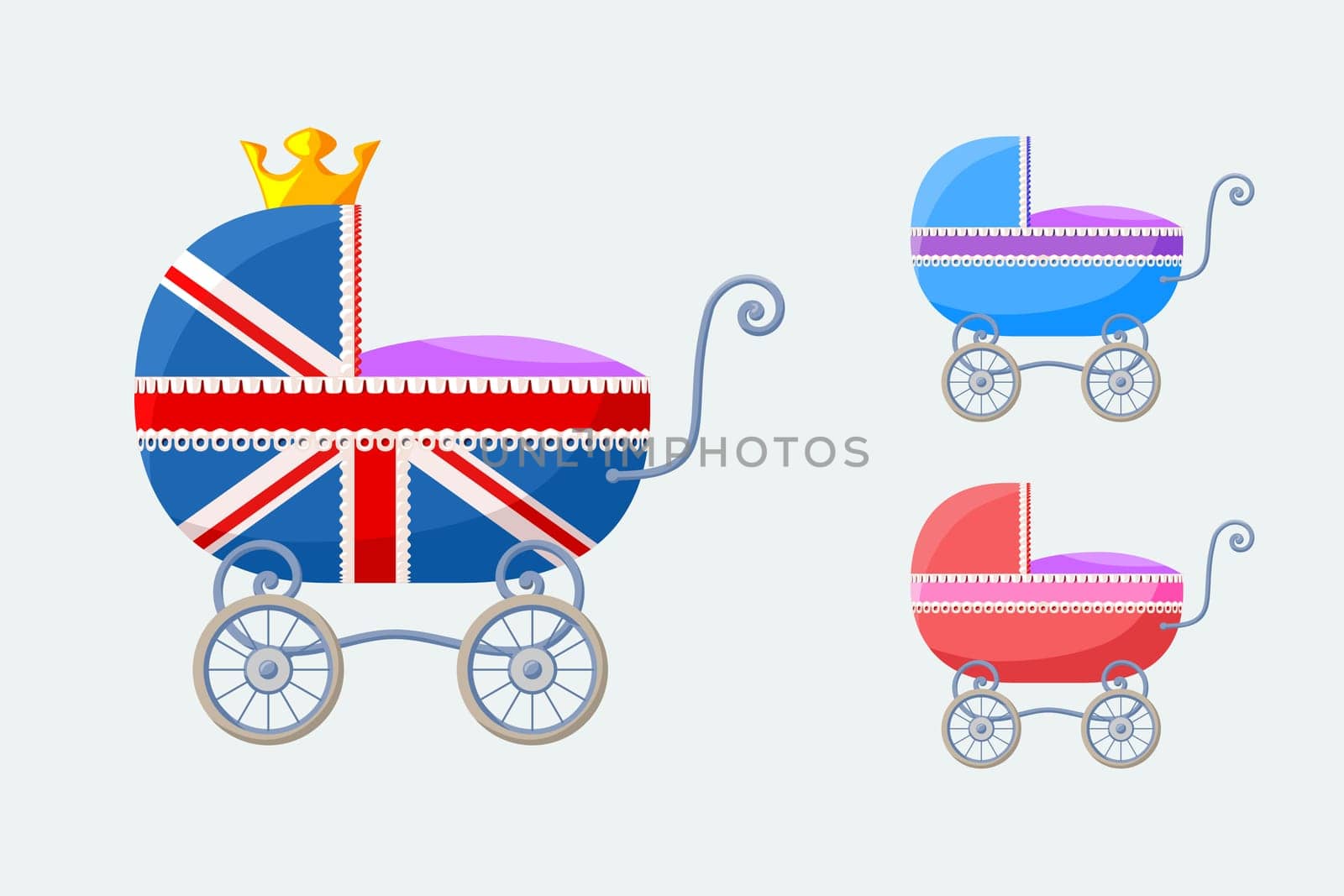 Small vector set with baby-carriages with special stroller for royal baby from England (on occasion of the birth of the royal heir in the summer of 2013).