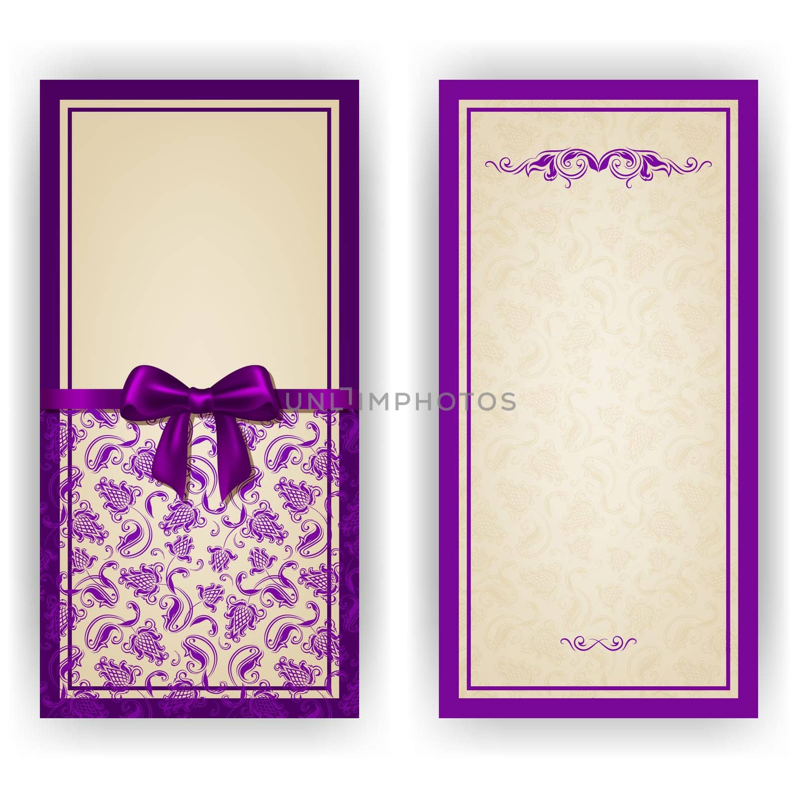 Elegant template luxury invitation, card with lace ornament, bow, place for text. Floral elements, ornate background. Vector illustration EPS 10.