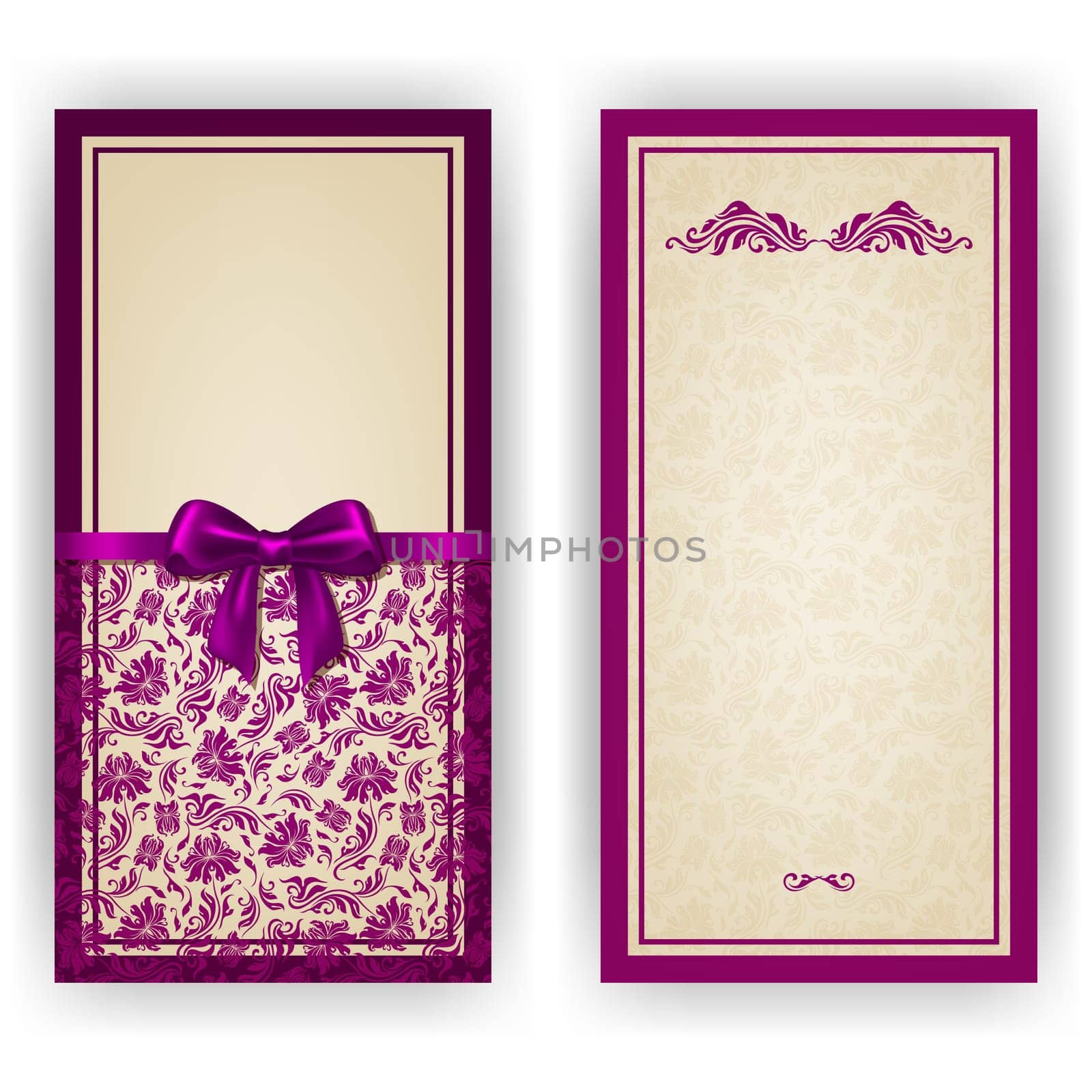 Elegant template luxury invitation, card with lace ornament, bow, place for text. Floral elements, ornate background. Vector illustration EPS 10.