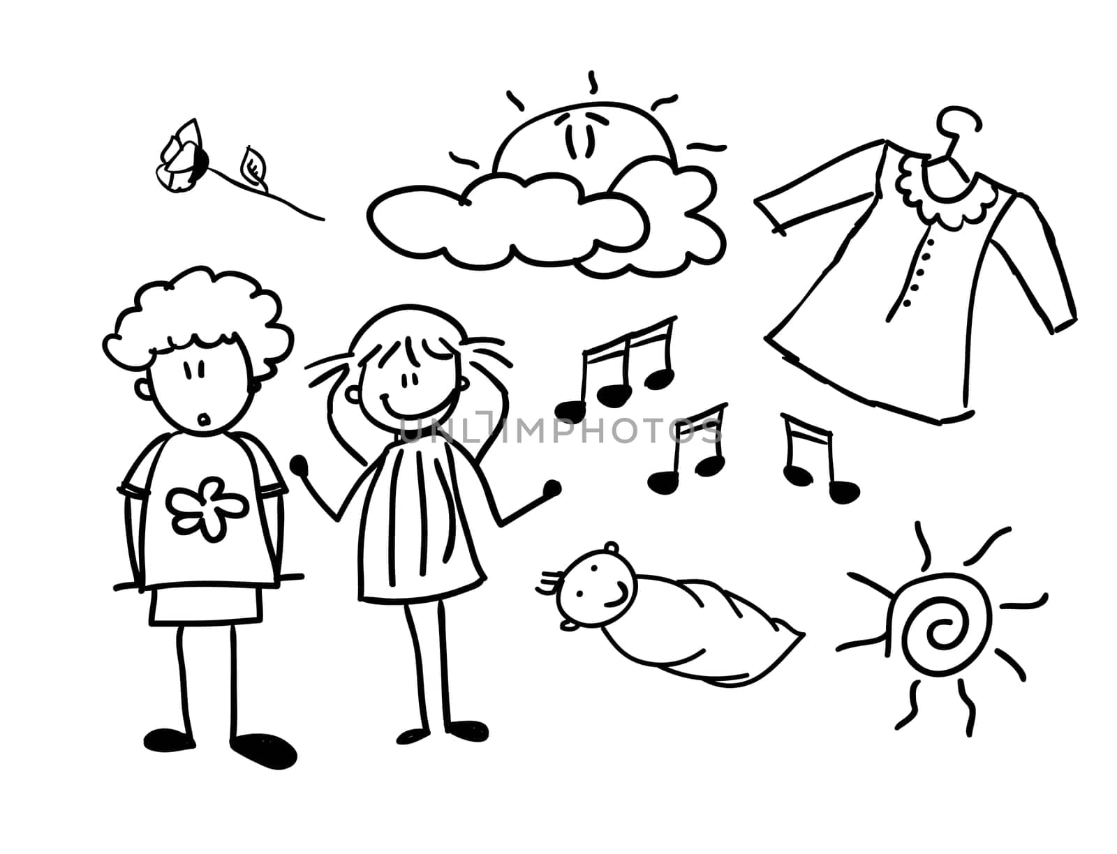 Doodles of happy family (set), vector illustration