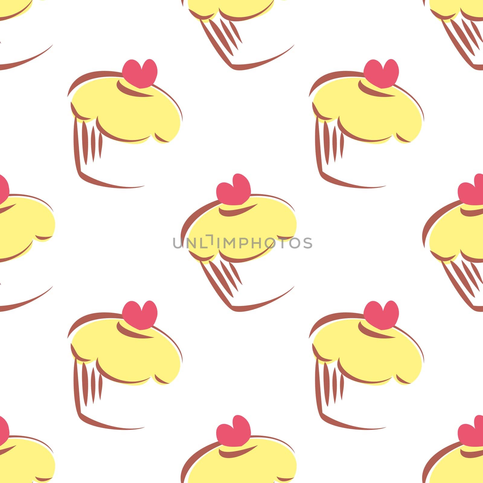 Seamless vector pattern or texture with lemon cupcakes, muffins, sweet cake and red heart on top isolated on white. Background with sweets for valentines, wallpaper, desktop or culinary blog website