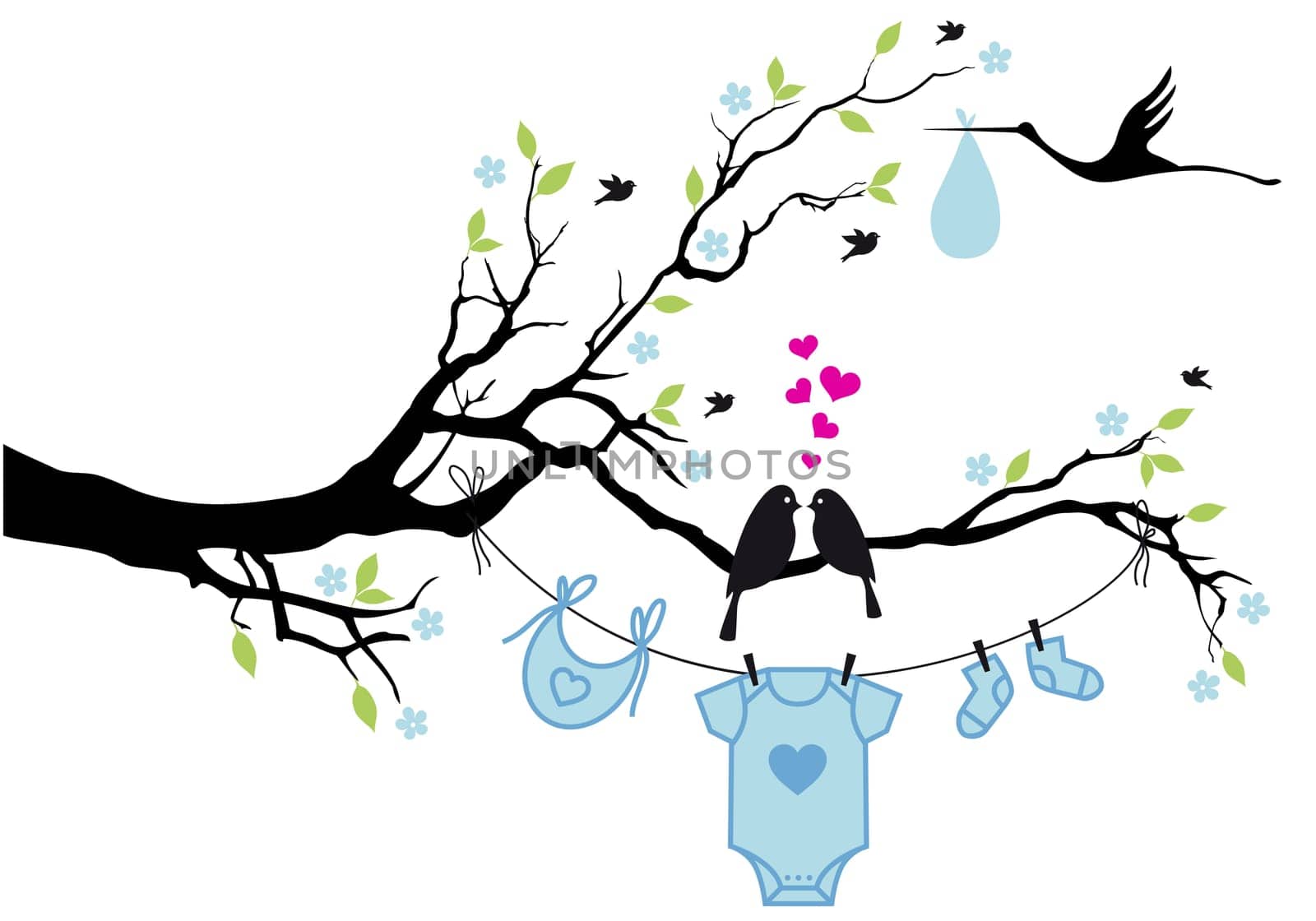 cute baby shower design with birds on tree, vector background