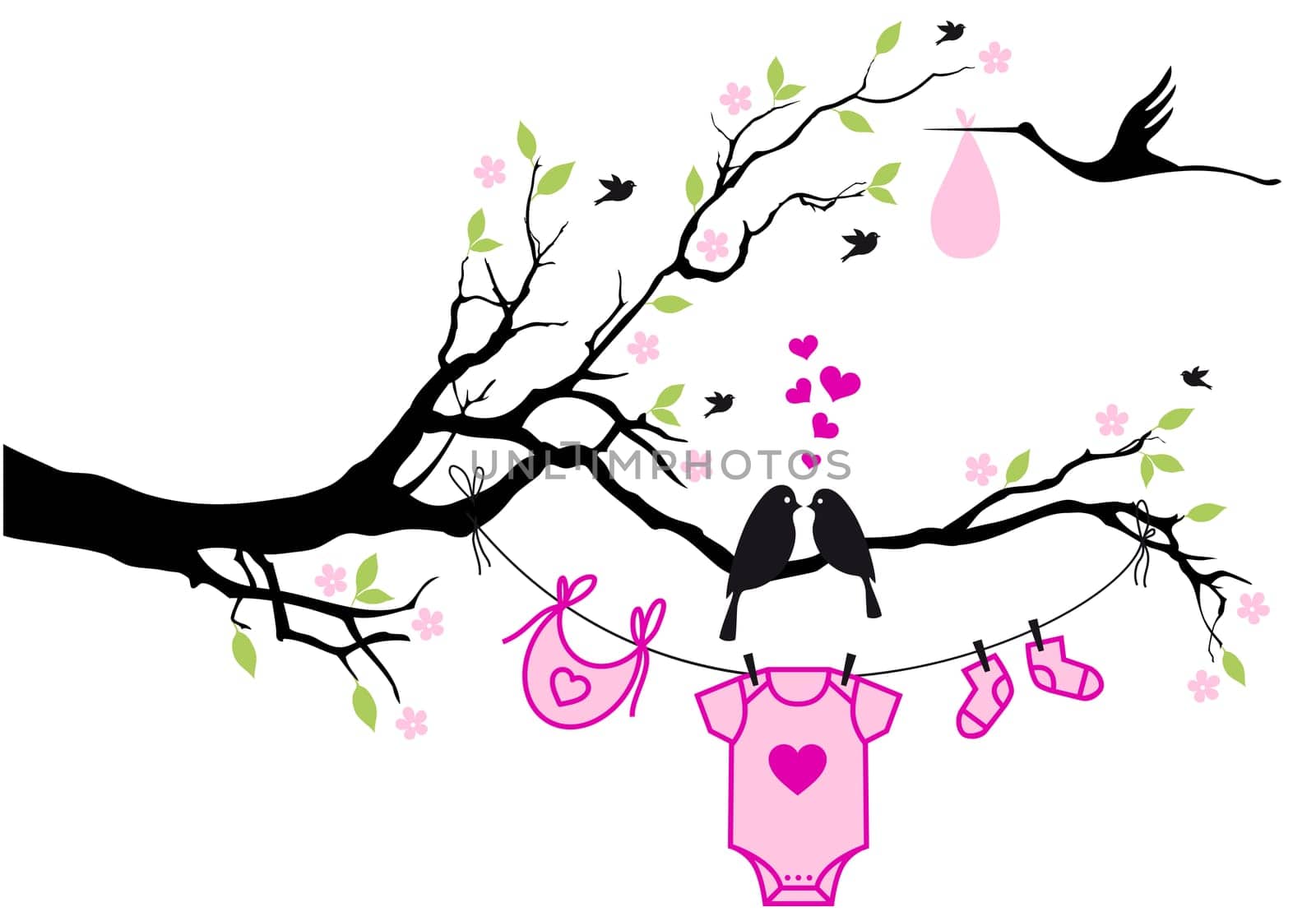 cute baby shower design with birds on tree, vector background