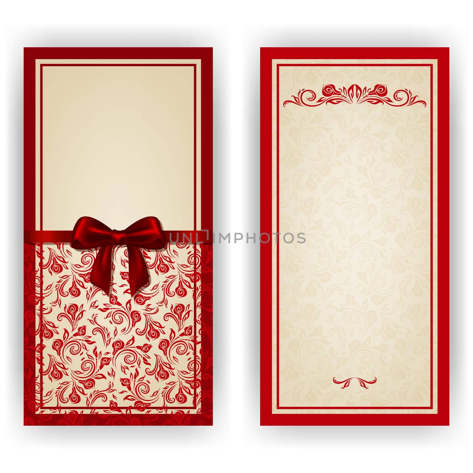 Elegant template luxury invitation, card with lace ornament, bow, place for text. Floral elements, ornate background. Vector illustration EPS 10.