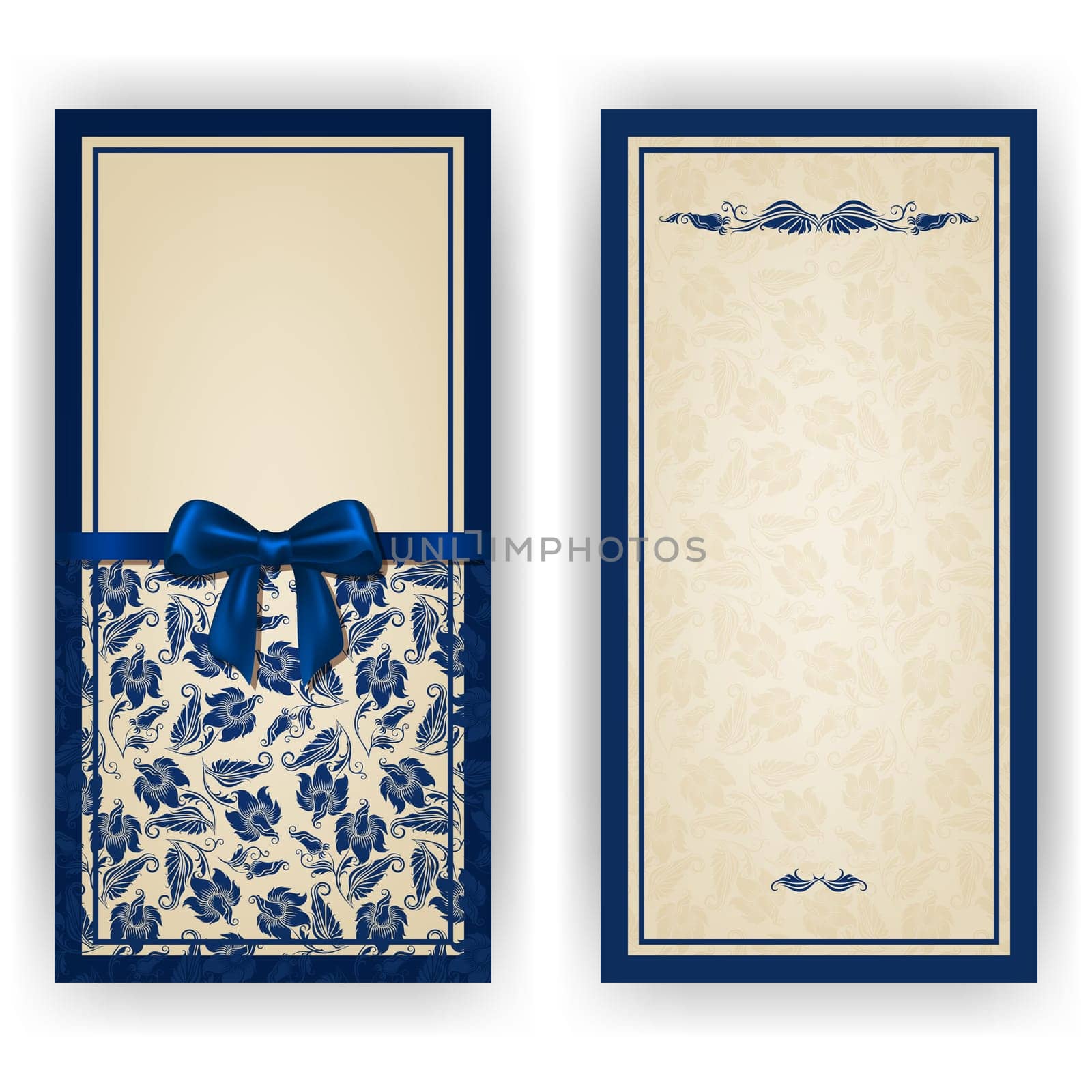 Elegant template luxury invitation, card with lace ornament, bow, place for text. Floral elements, ornate background. Vector illustration EPS 10.