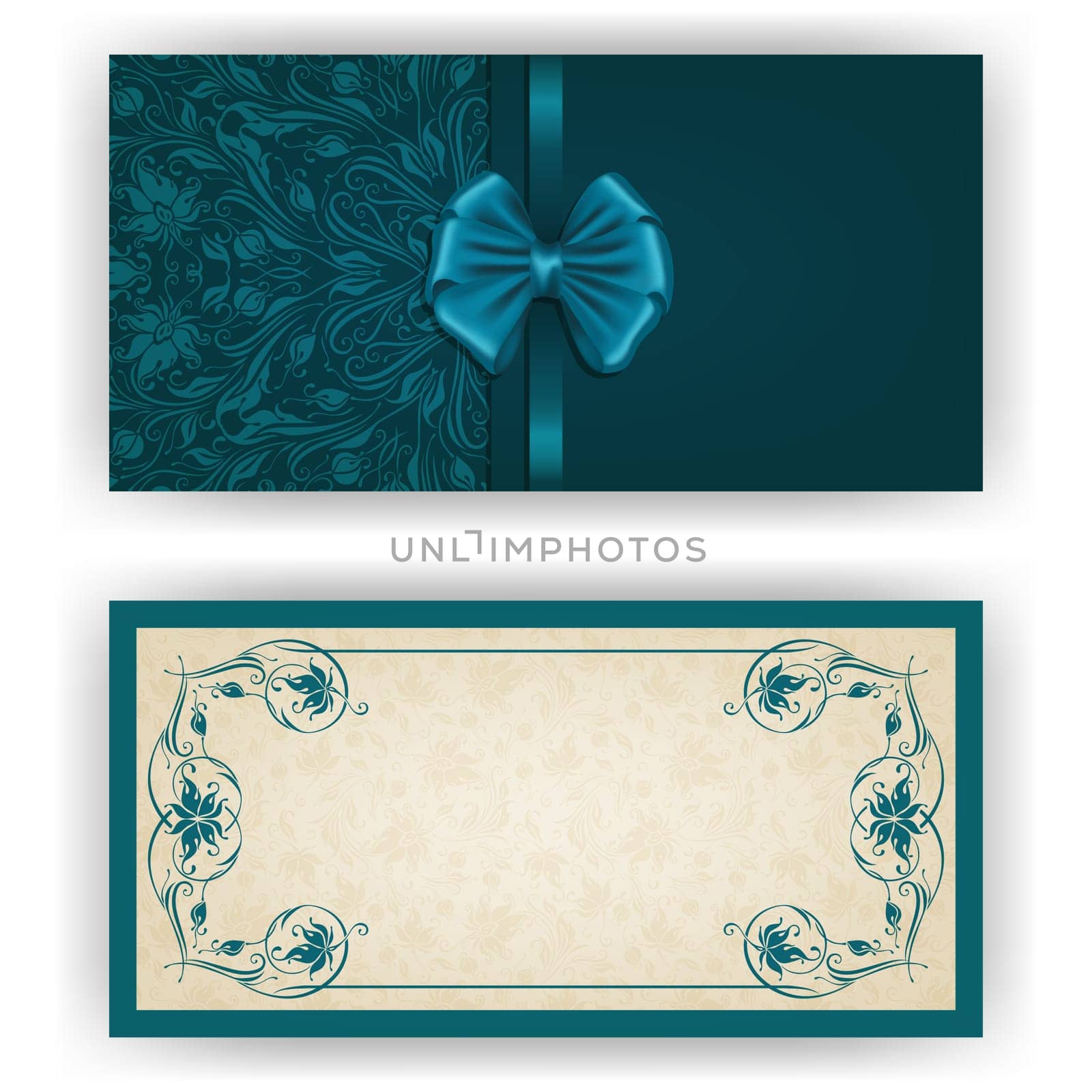 Elegant template luxury invitation, card with lace ornament, bow, place for text. Floral elements, ornate background. Vector illustration EPS 10.