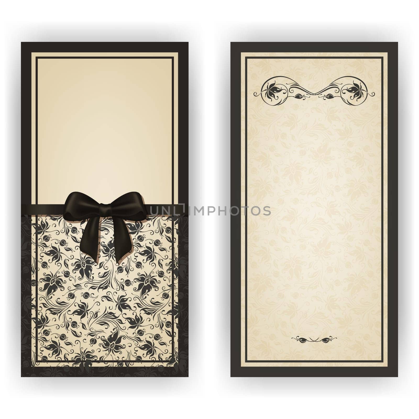 Elegant template luxury invitation, card with lace ornament, bow, place for text. Floral elements, ornate background. Vector illustration EPS 10.