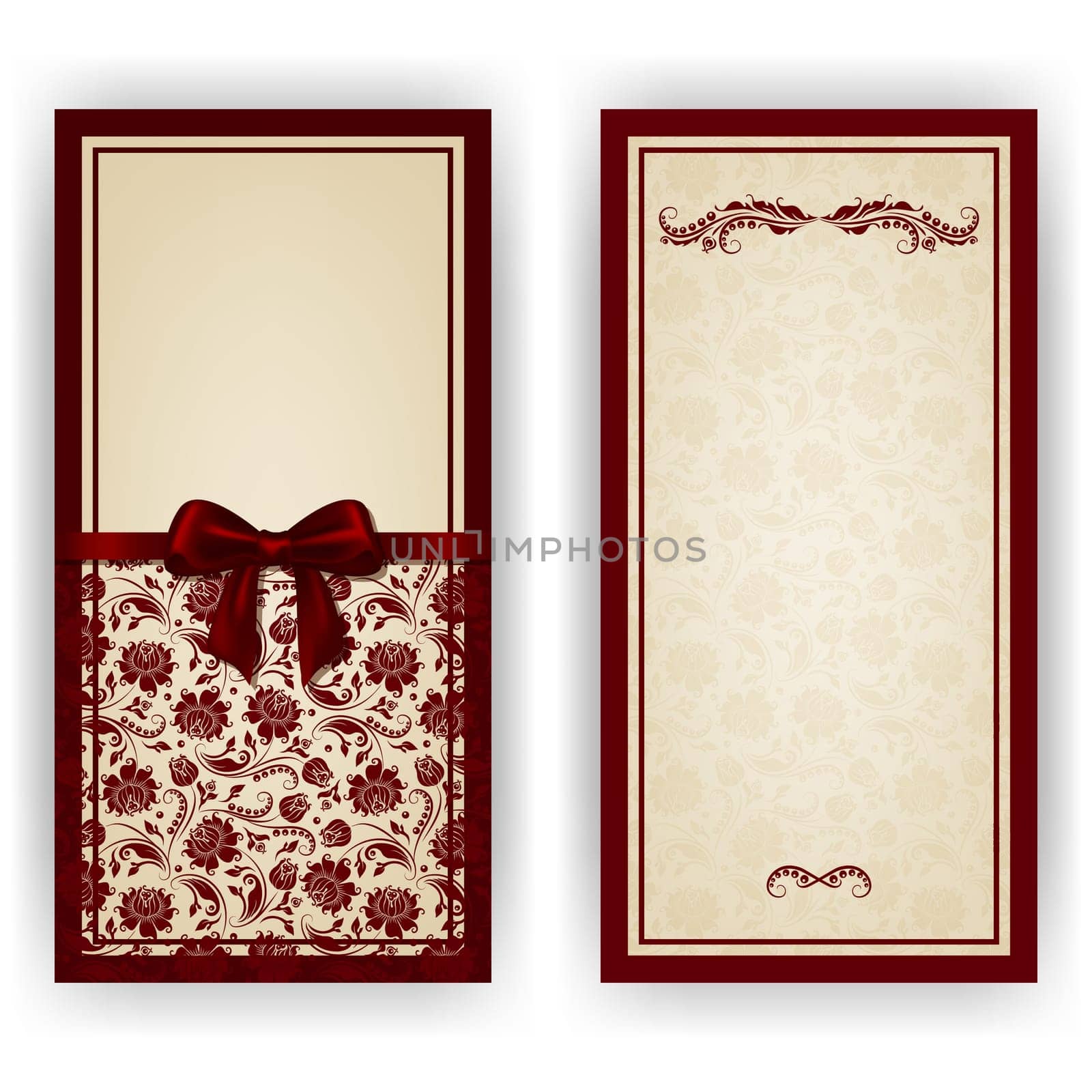 Elegant template luxury invitation, card with lace ornament, bow, place for text. Floral elements, ornate background. Vector illustration EPS 10.