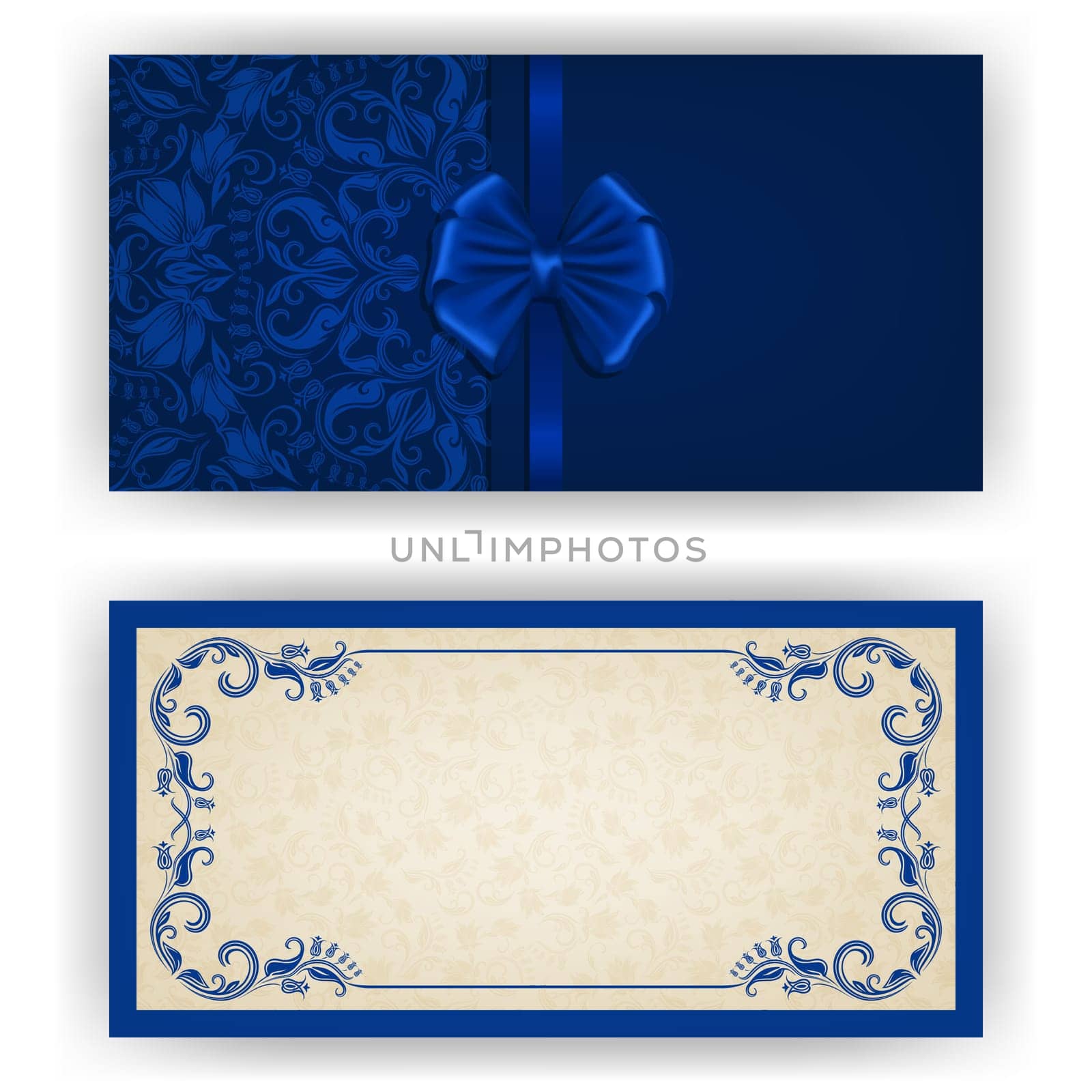Elegant template luxury invitation, card with lace ornament, bow, place for text. Floral elements, ornate background. Vector illustration EPS 10.