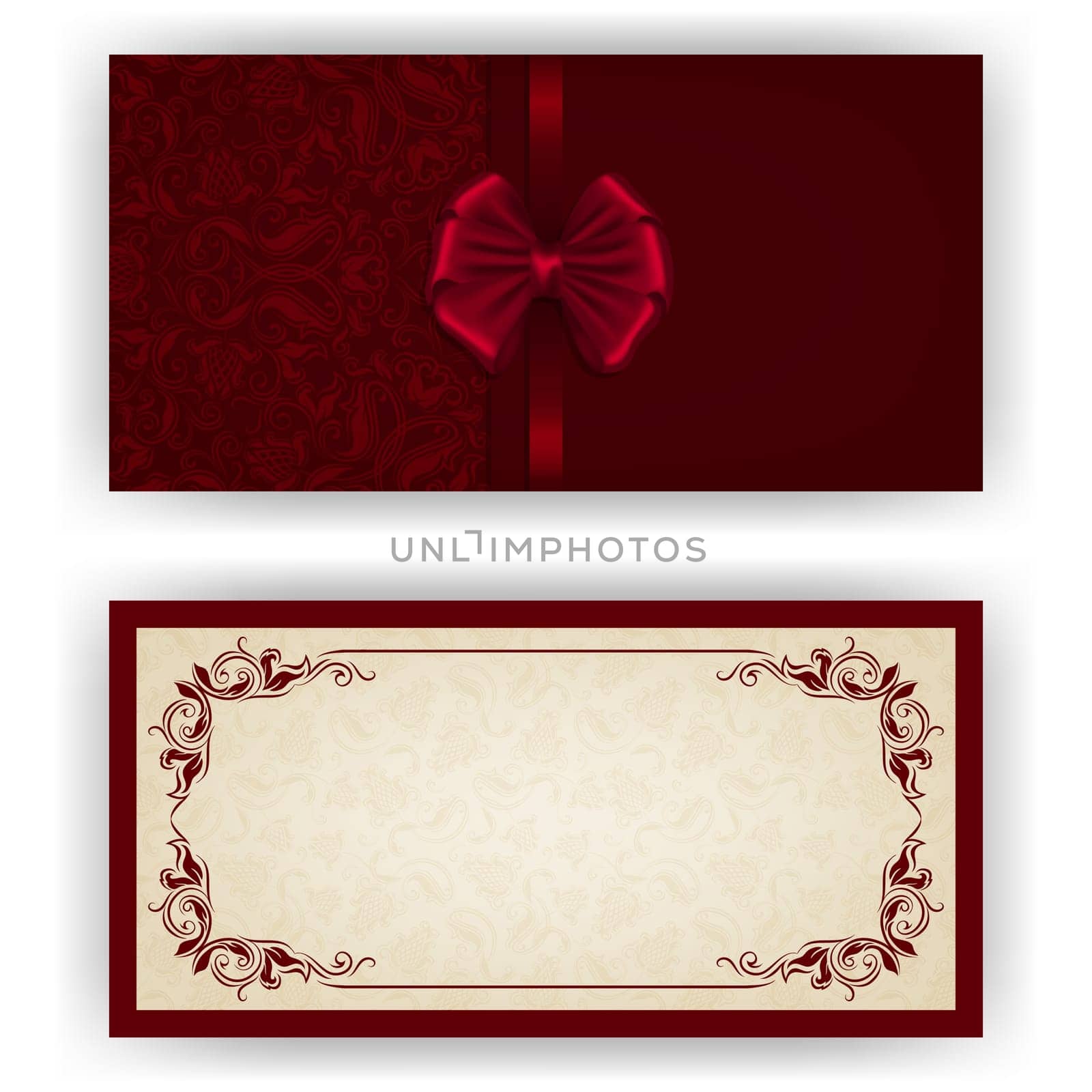 Elegant template luxury invitation, card with lace ornament, bow, place for text. Floral elements, ornate background. Vector illustration EPS 10.