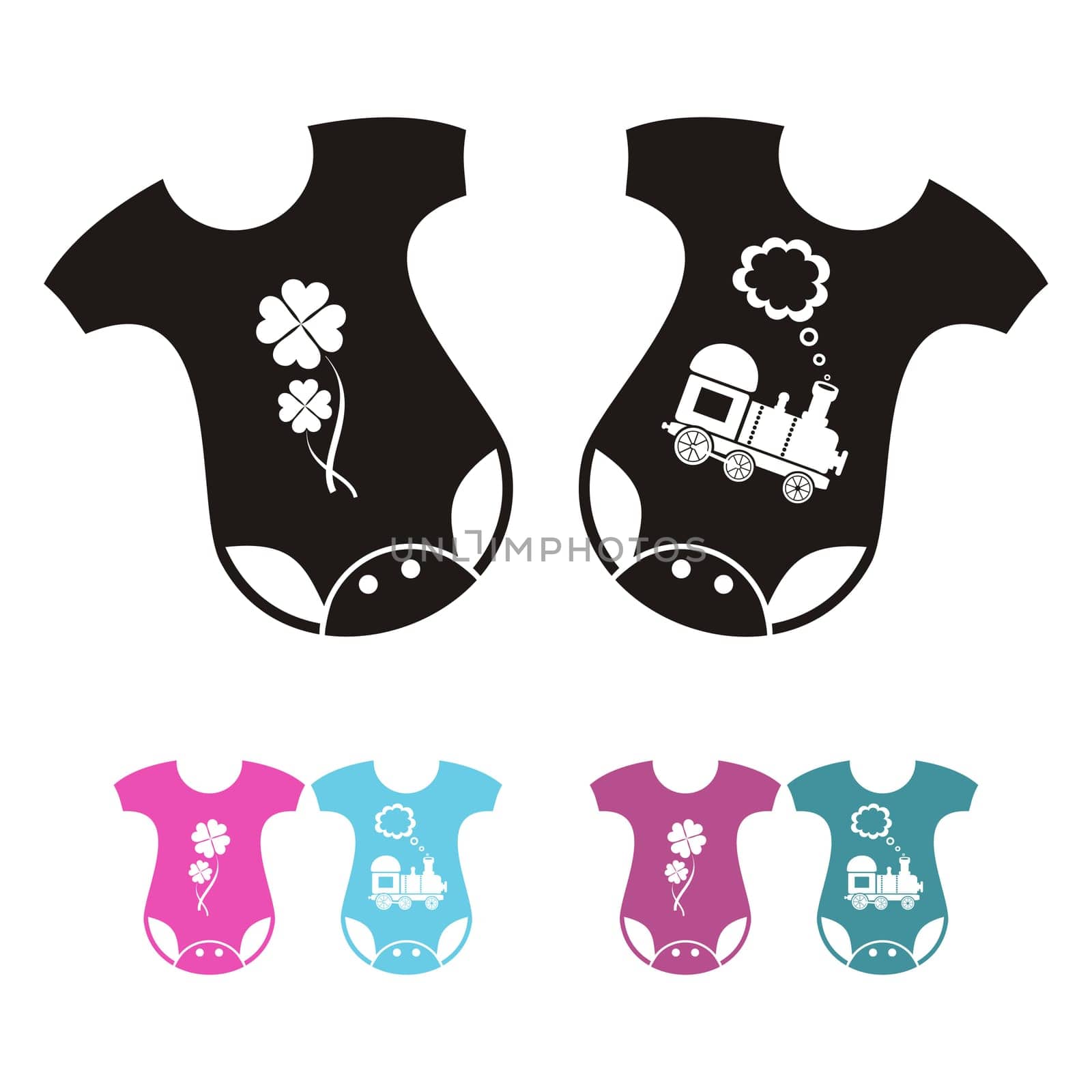 New born baby bodysuit icons - boy and girl variants - black and colored