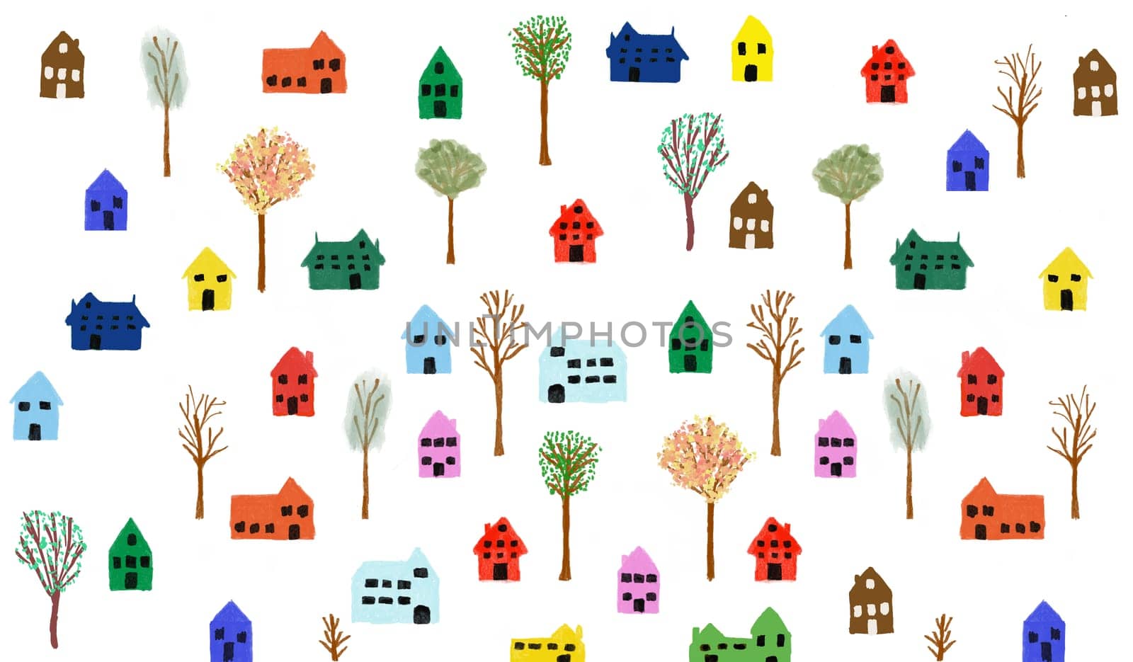 Colorful Hand drawn little Houses with Trees on white background