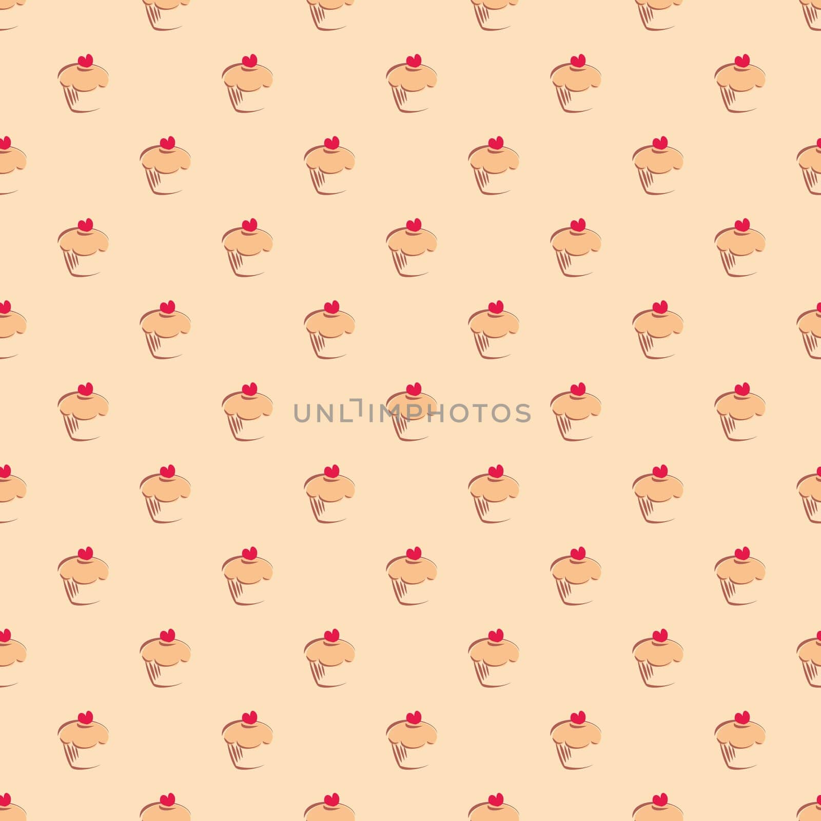 Seamless vector pattern or texture with cupcakes, muffins, sweet cake and red heart on top. Background with sweets for card, invitation, valentines, wallpaper, desktop or culinary blog website