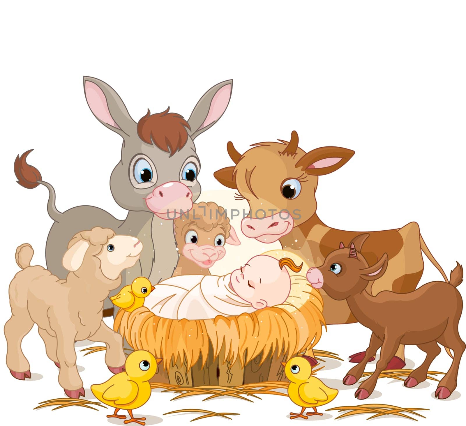 .Holy child with donkey, lambs, goat and calf