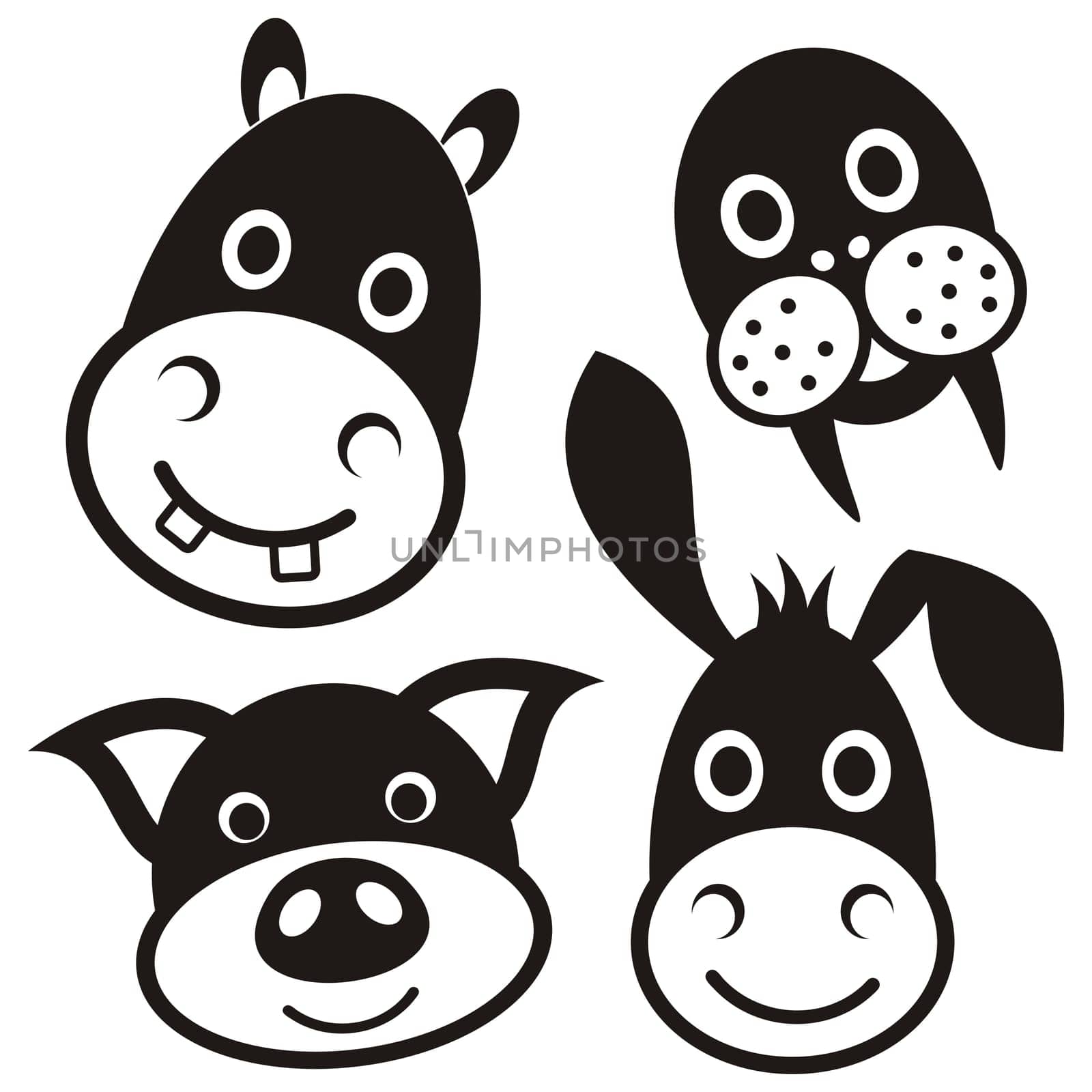 Cute black cartoon pig donkey hippo walrus faces