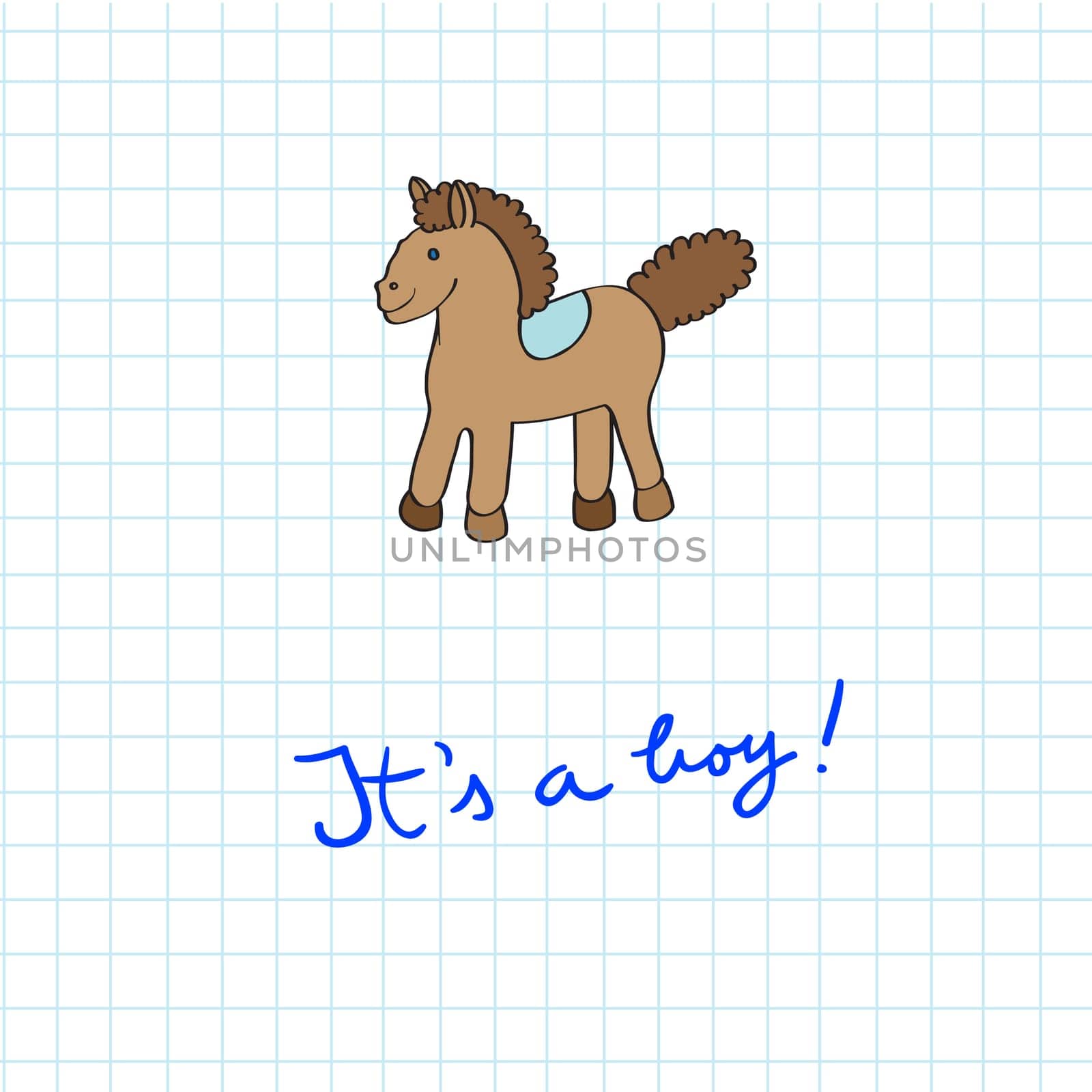 Baby arrival card with toy horse cartoon over a math paper pattern with blue hand drawn text