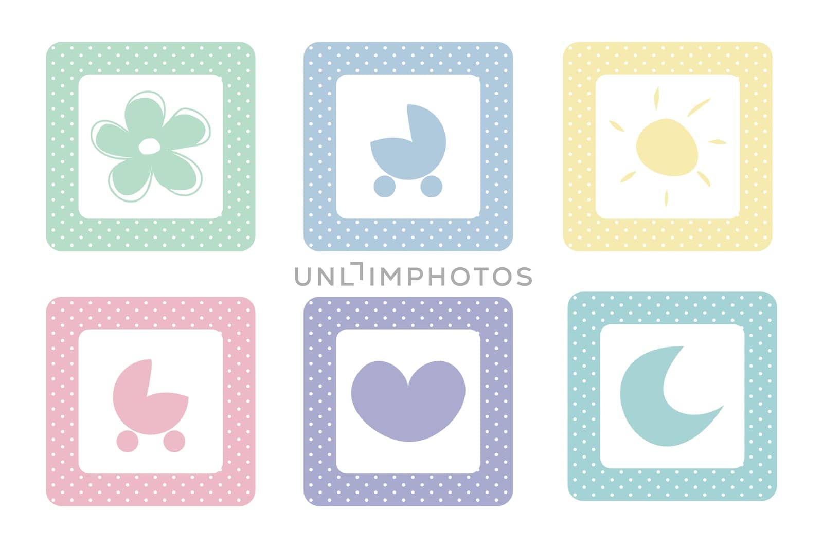 Sweet, pastel vector icons with polka dots  isolated on white background. Sun, moon, heart, flower and pram.