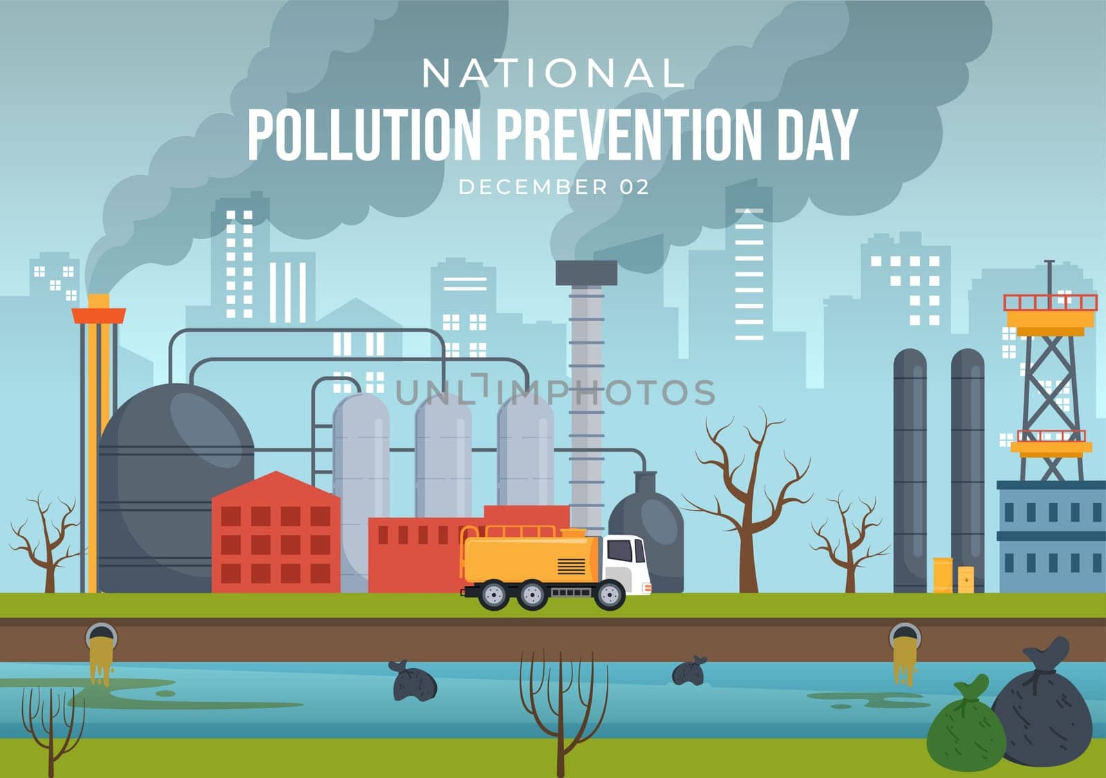 National Pollution Prevention Day for Awareness Campaign About Factory, Forest or Vehicle Problems in Template Hand Drawn Cartoon Flat Illustration