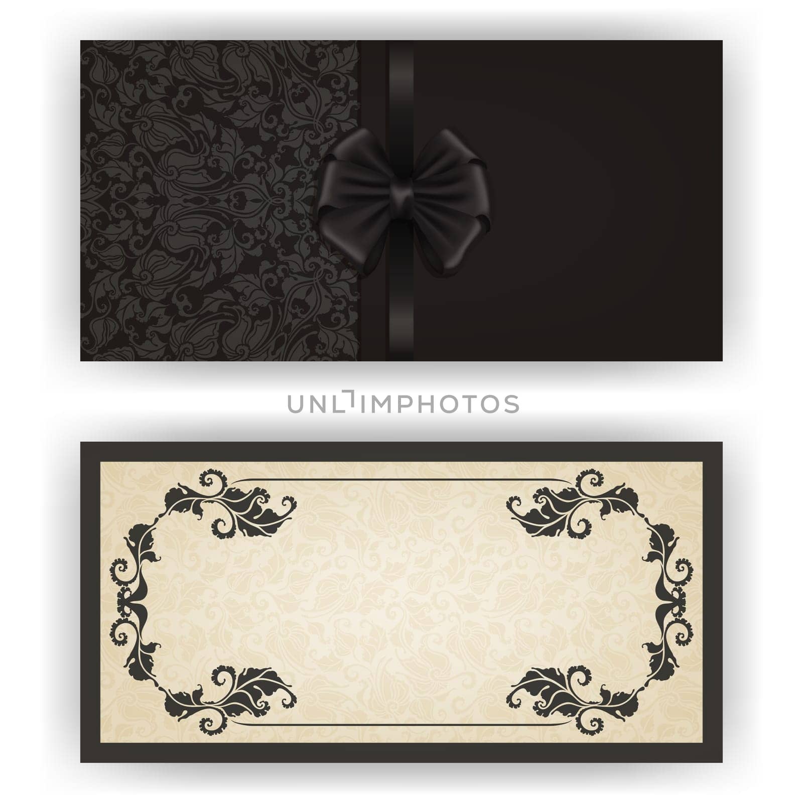 Elegant template luxury invitation, card with lace ornament, bow, place for text. Floral elements, ornate background. Vector illustration EPS 10.