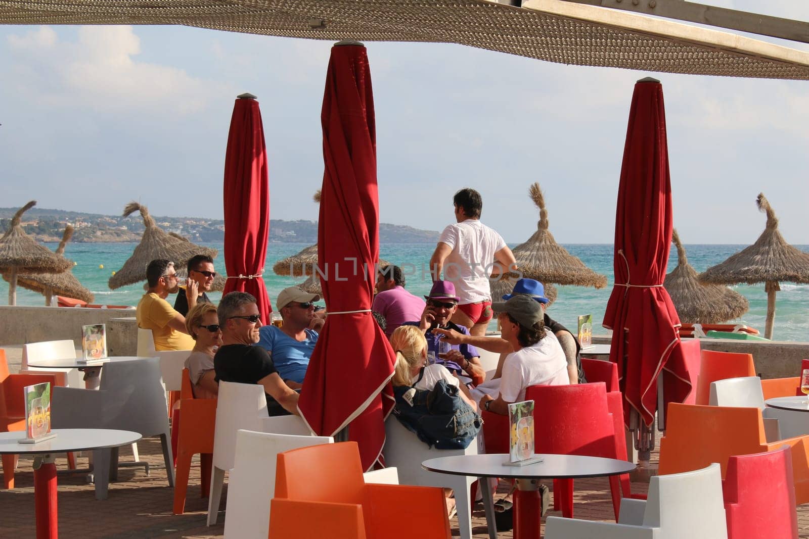 Tourists in the street cafe of Palma de Mallorca island sight landscape water sea hiking church port Spain holiday island