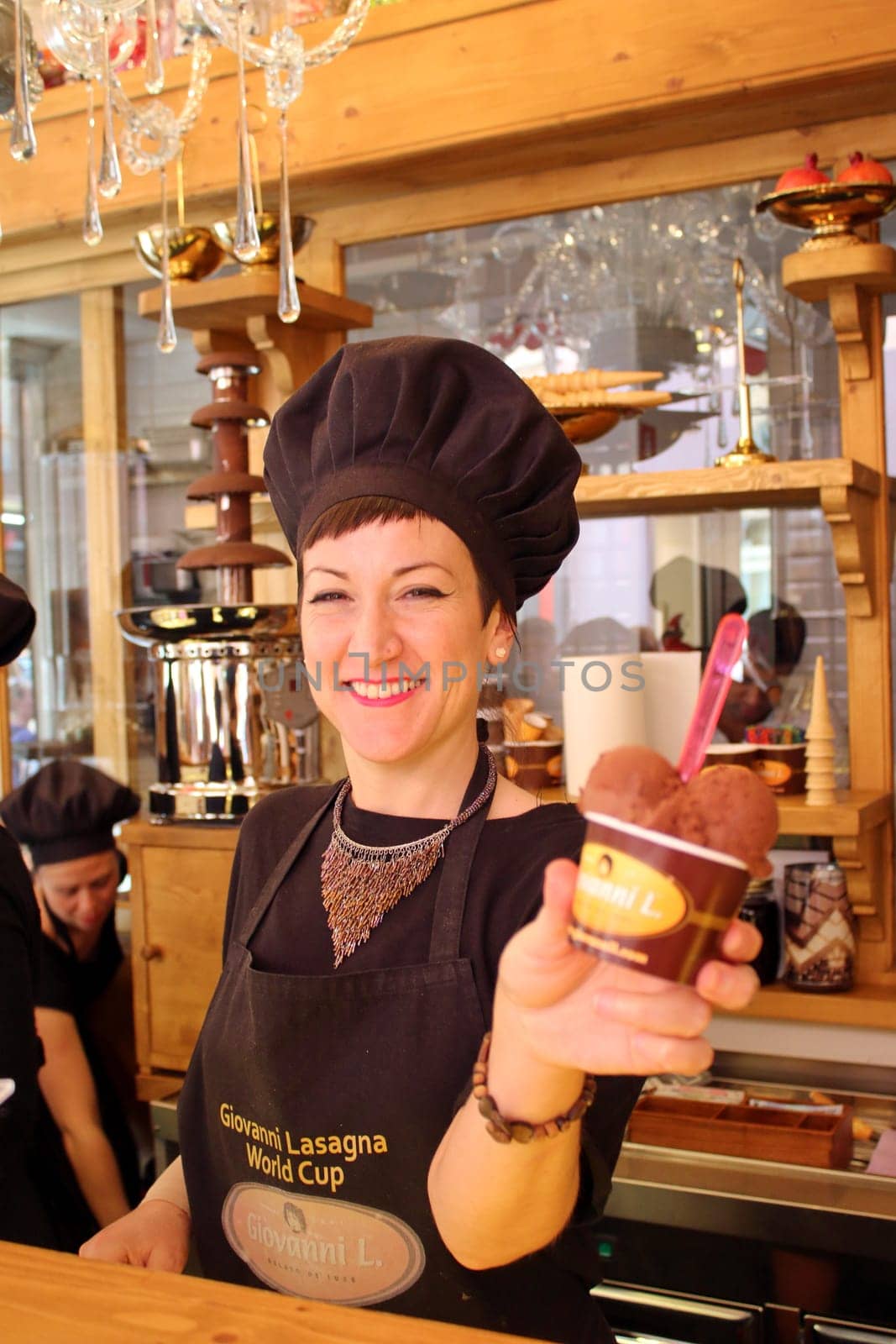 Woman ice cream saleswoman laughs symbol photo ice cream parlour... Palma de Mallorca Island Sight Landscape Water Sea Hiking Hiking Church Port Spain Holiday Island
