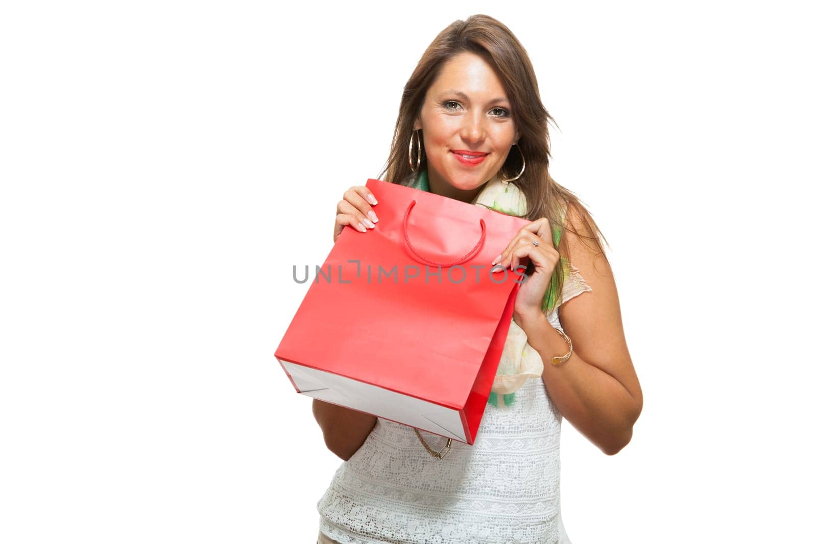 Young attractive woman with dark hair and red shopping bag sale isolated against white background