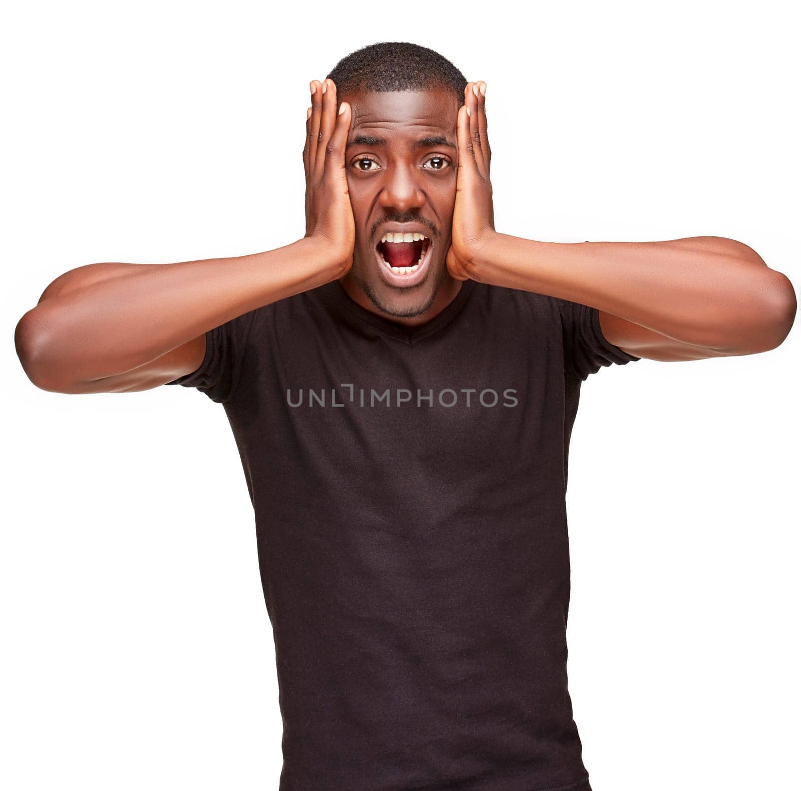 portrait of handsome young black african man,  isolated on white background. human emotions - surpris, horror, affect