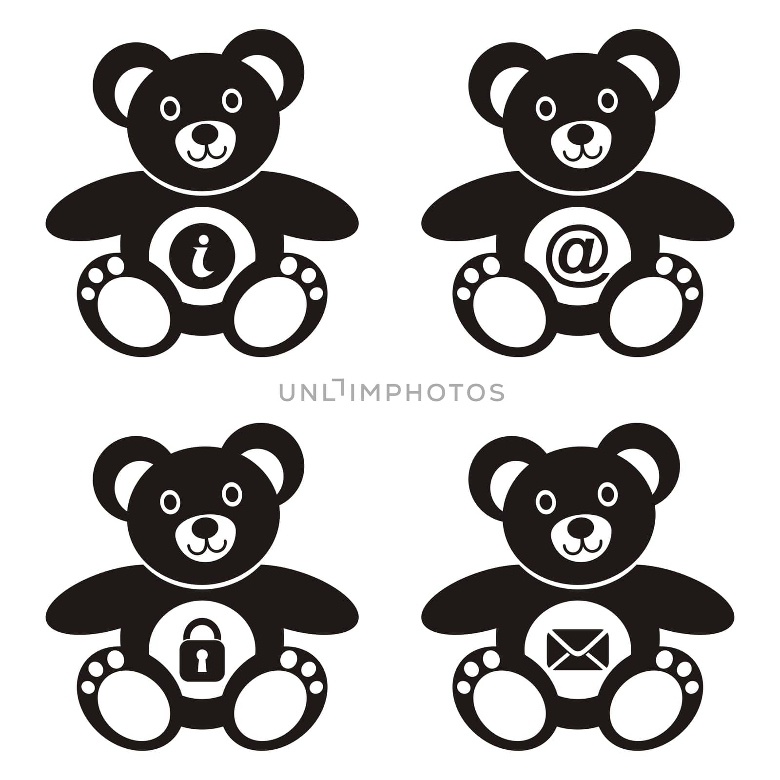 Four cute black teddy bears with web icons