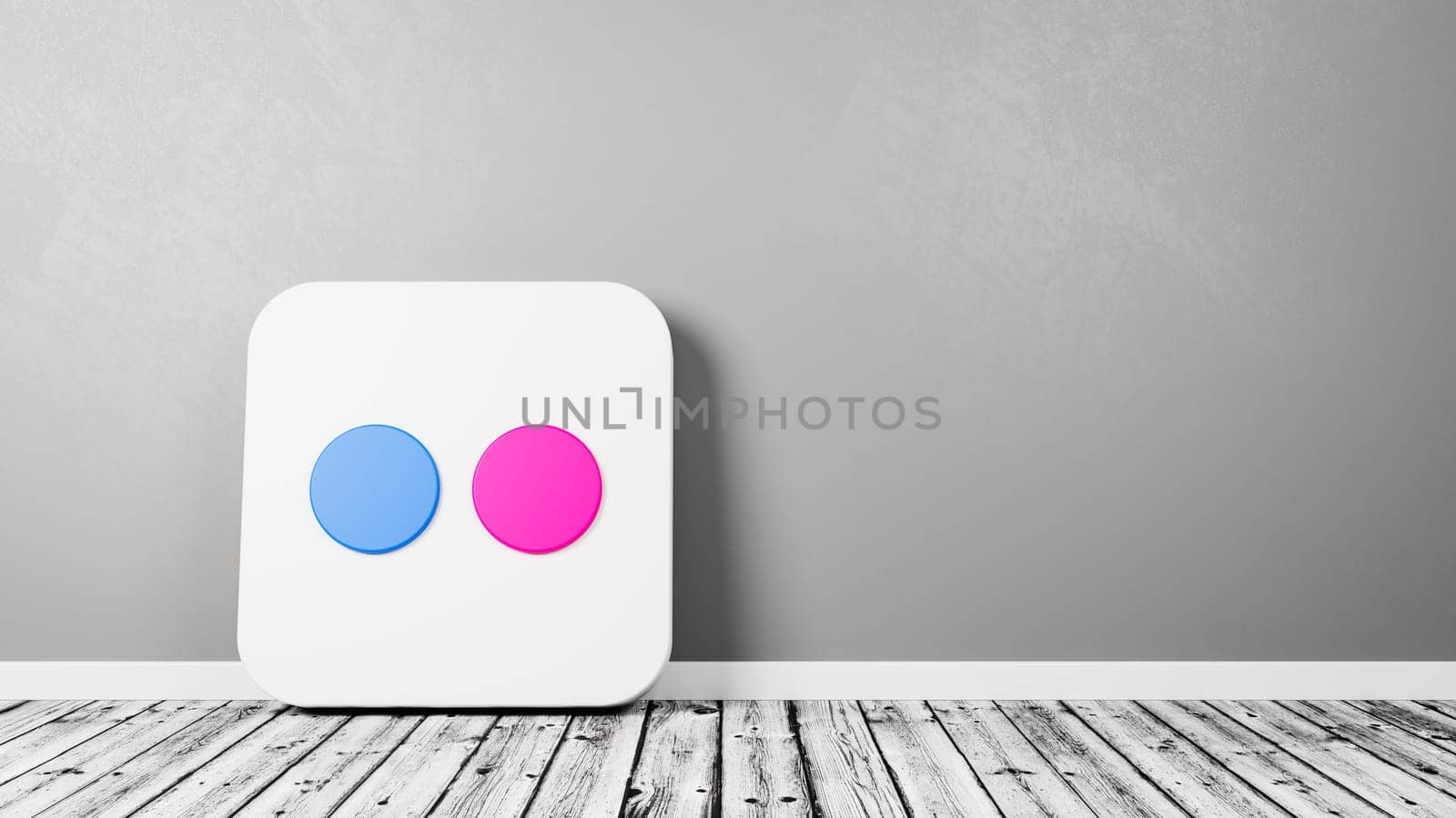 Flickr Logo 3D Symbol Shape on Wooden Floor Against Gray Wall with Copy Space 3D Render Illustration