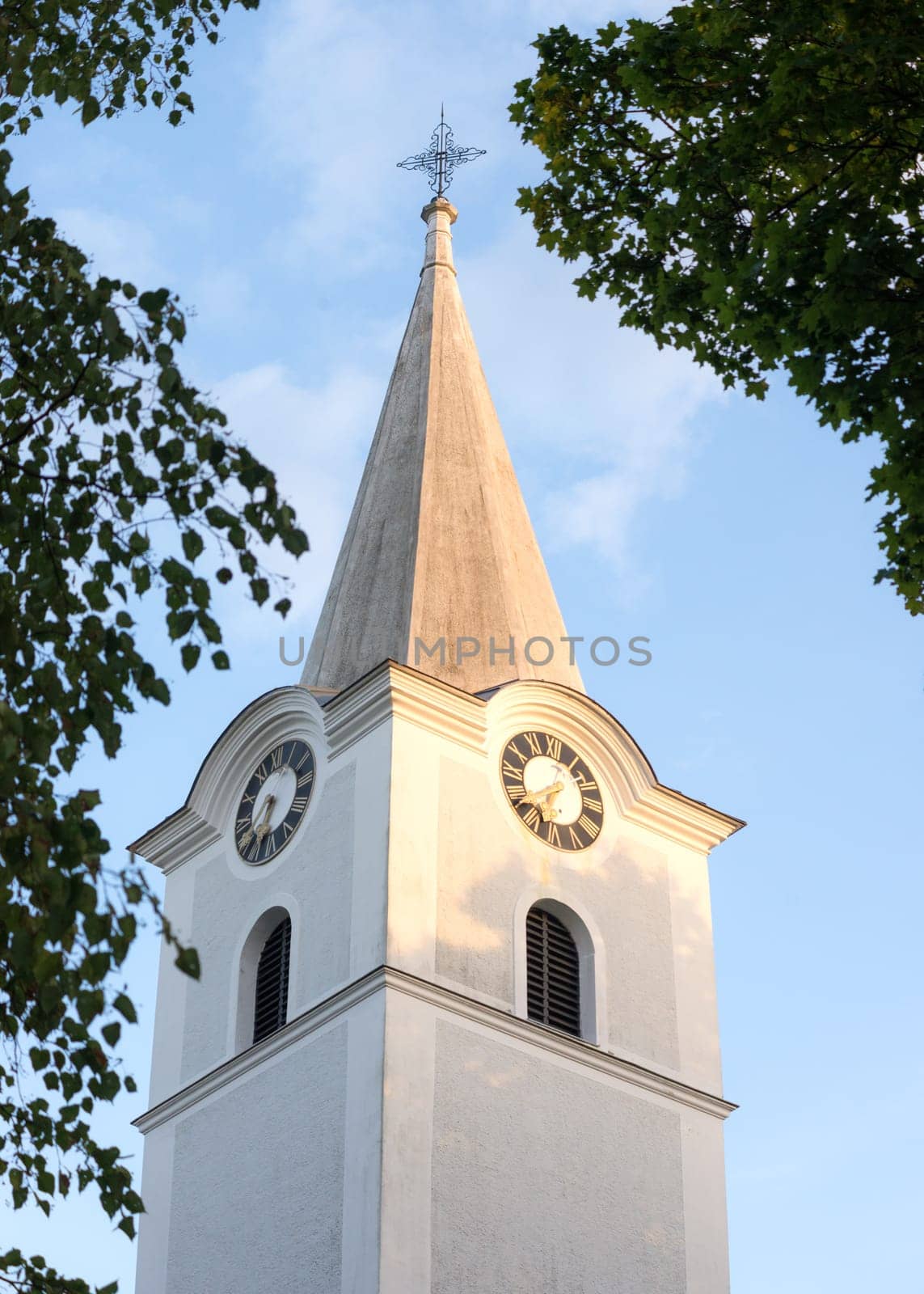 white belltower of a church in Burgenland