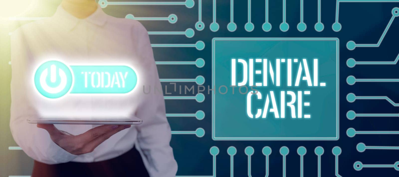 Conceptual caption Dental Care, Word for maintenance of healthy teeth or to keep it clean for future