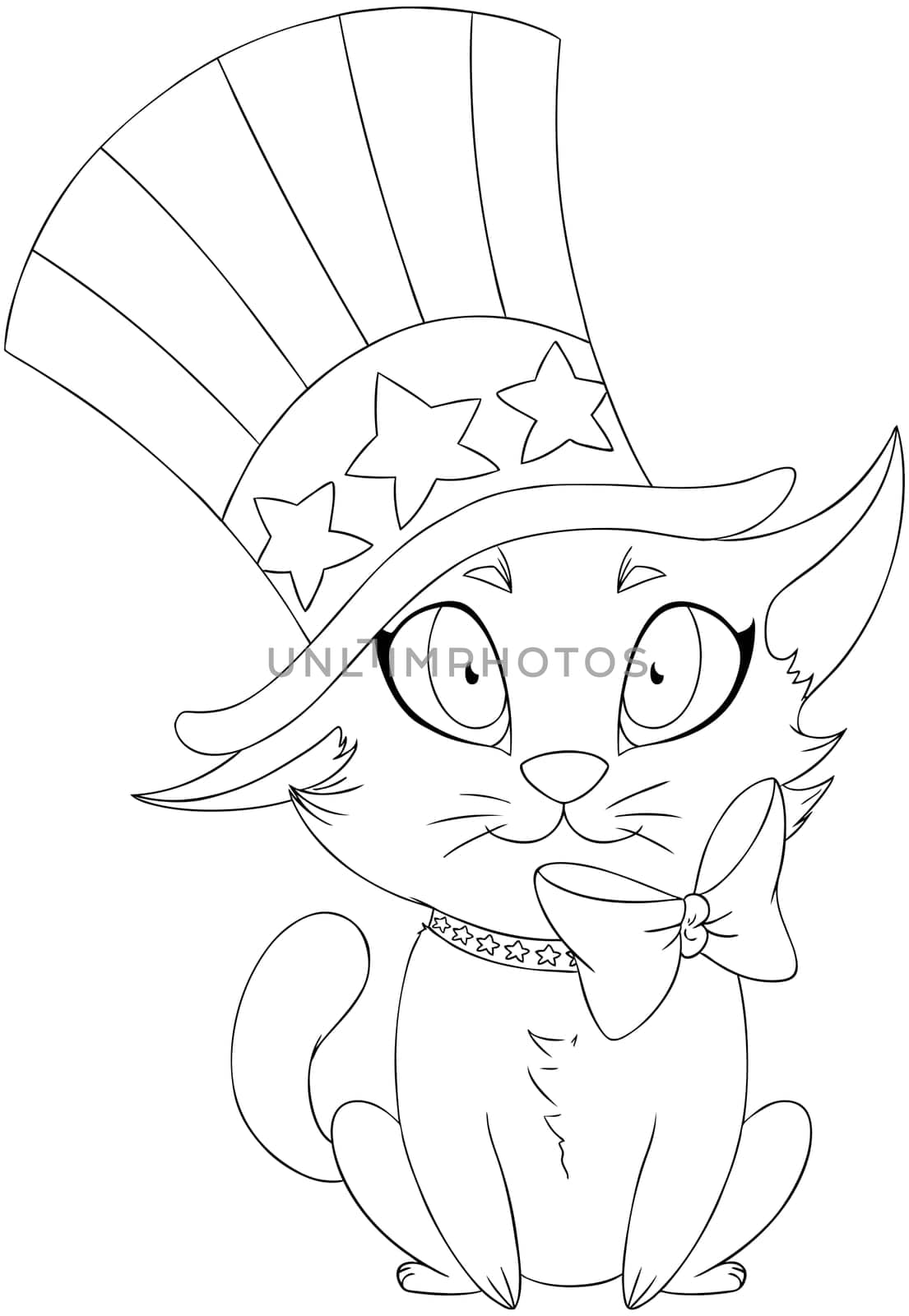 A Vector illustration coloring page of a kitten wearing a hat and bow designed as the American flag for the 4th of July..