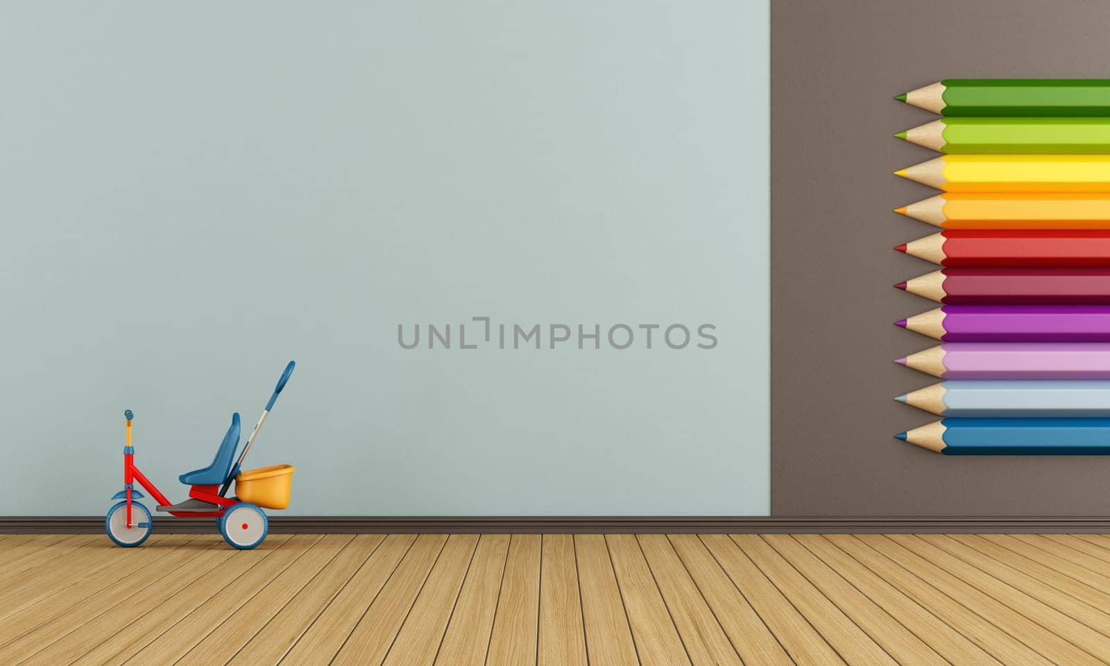 Playroom with big colorful pencils on wall and tricycle - rendering