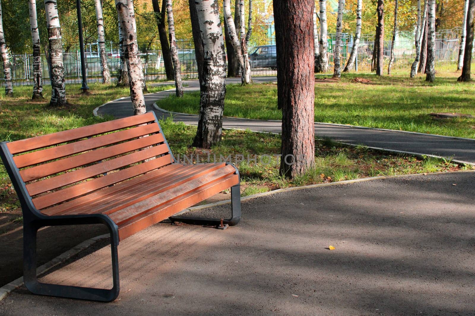 City park with paths and benches. Place for rest and walks. urban architecture