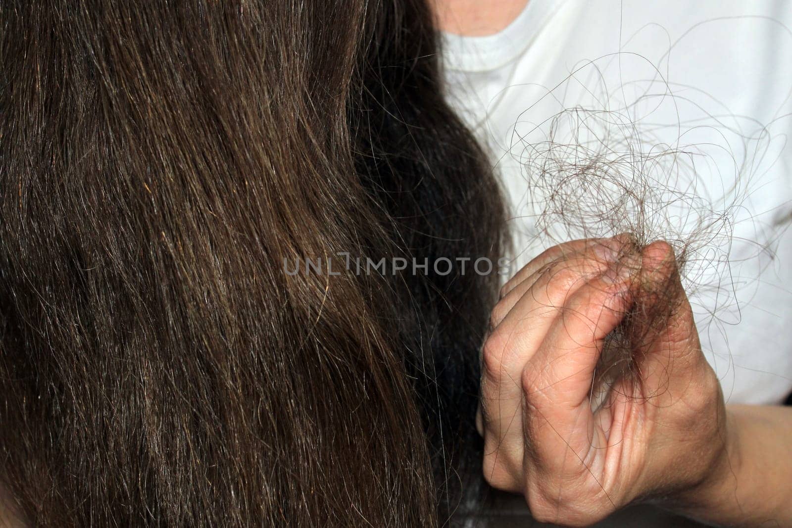 A girl with long dark hair holds a bunch of fallen hair in her hand. Hair loss problem.