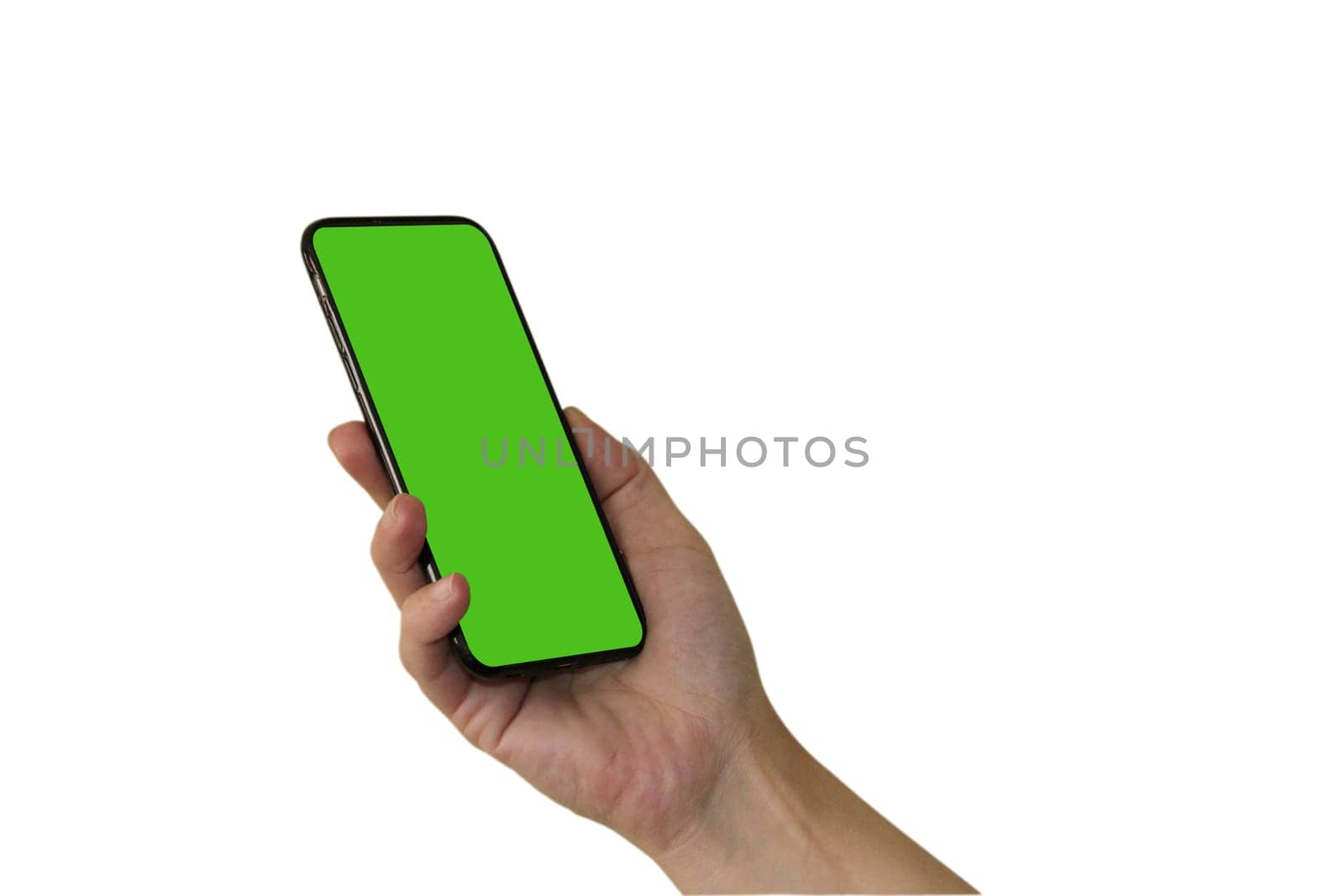 A woman's hand holds a smartphone with a green screen. Isolated object on a white background. Template for design. Mocap.
