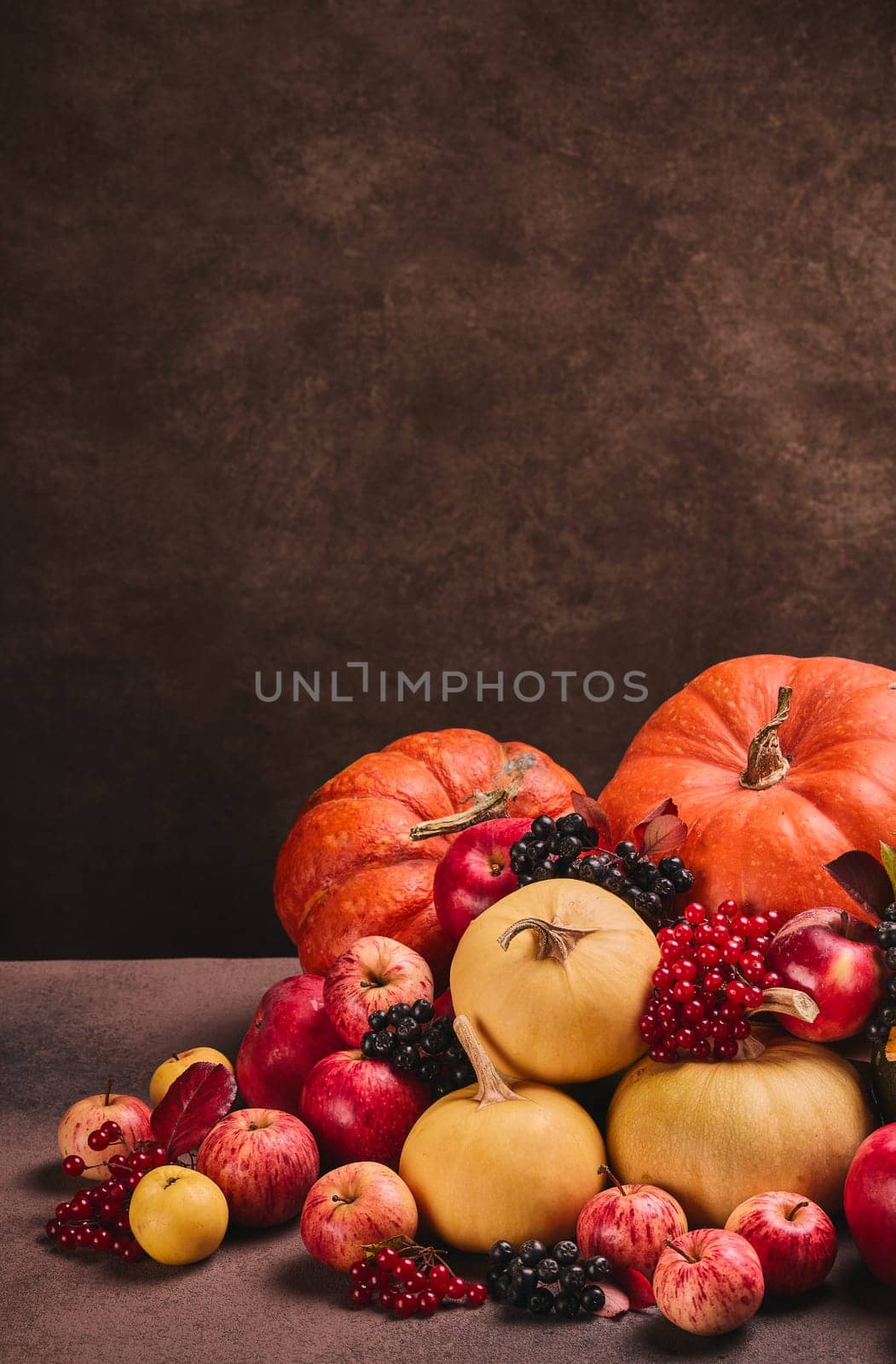 Thanksgiving background. Festive still life with pumpkins, berries, autumn leaves and apples on dark brown background with copy space. Happy Thanksgiving  day, autumn harvest, Halloween.