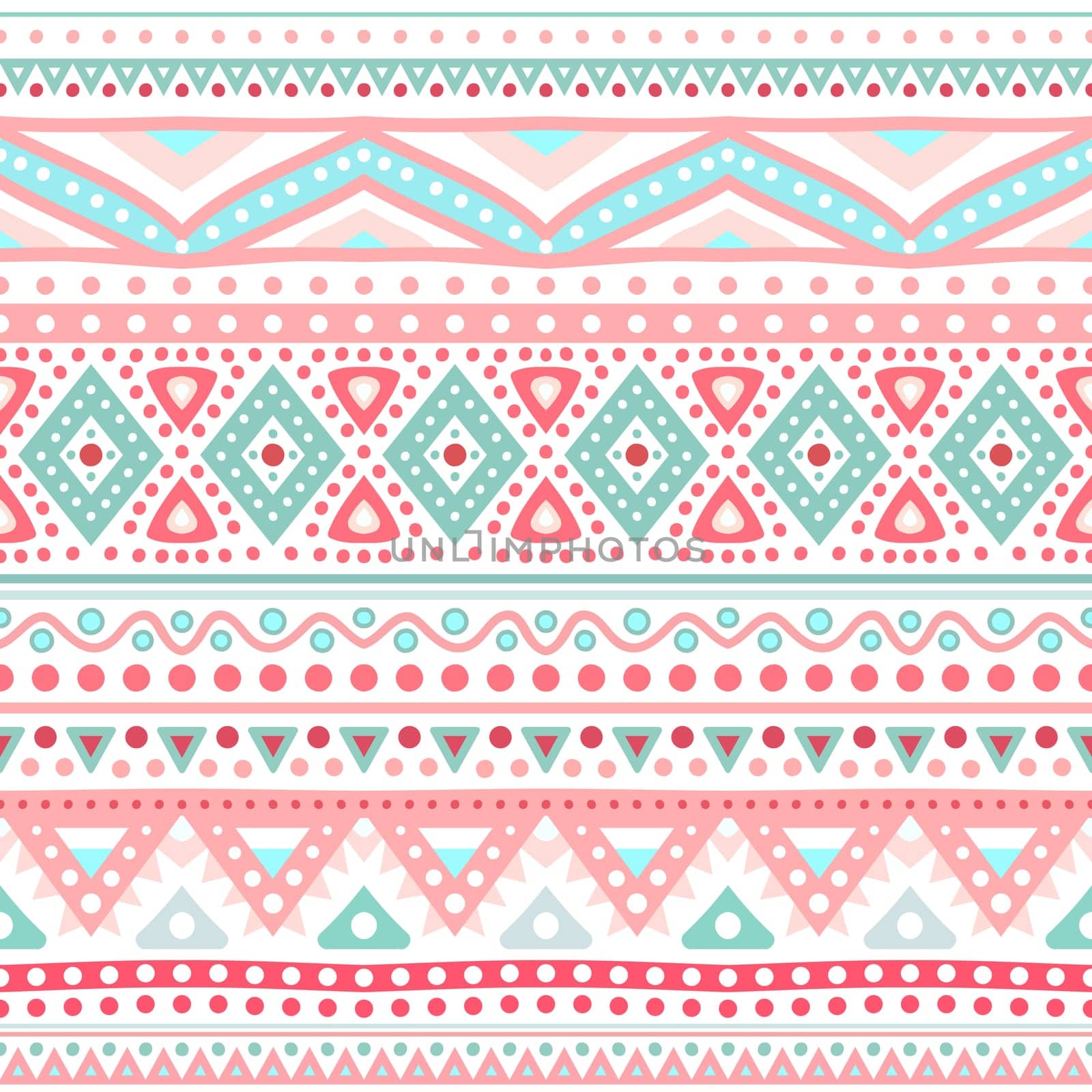 Tribal ethnic seamless stripe pattern. Vector illustration for your cute feminine romantic design. Aztec sign on white background. Pink and blue colors. Borders and frames.