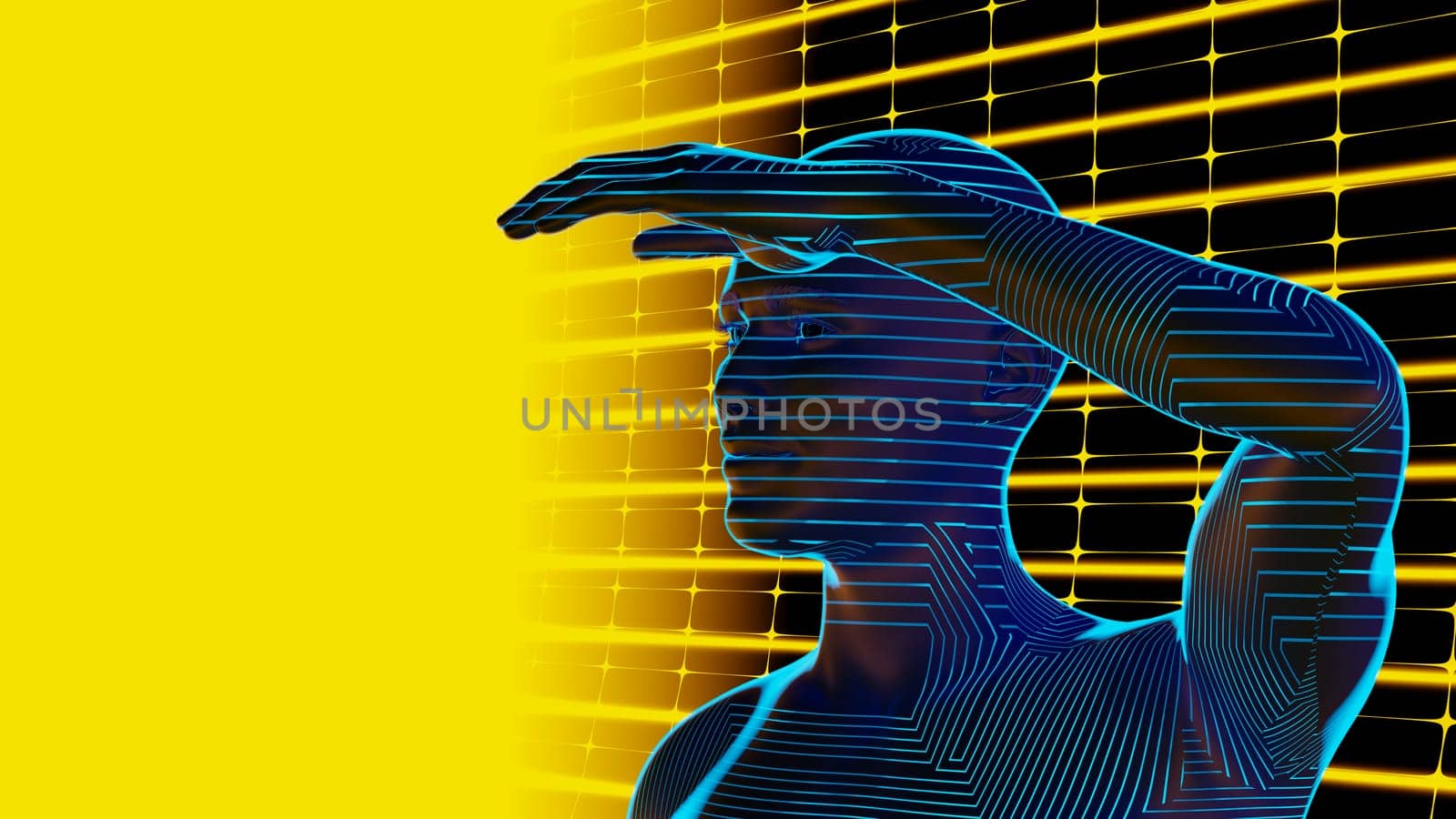 hologram human watching looking away at sunset illumination yellow background copy space 3D illustration